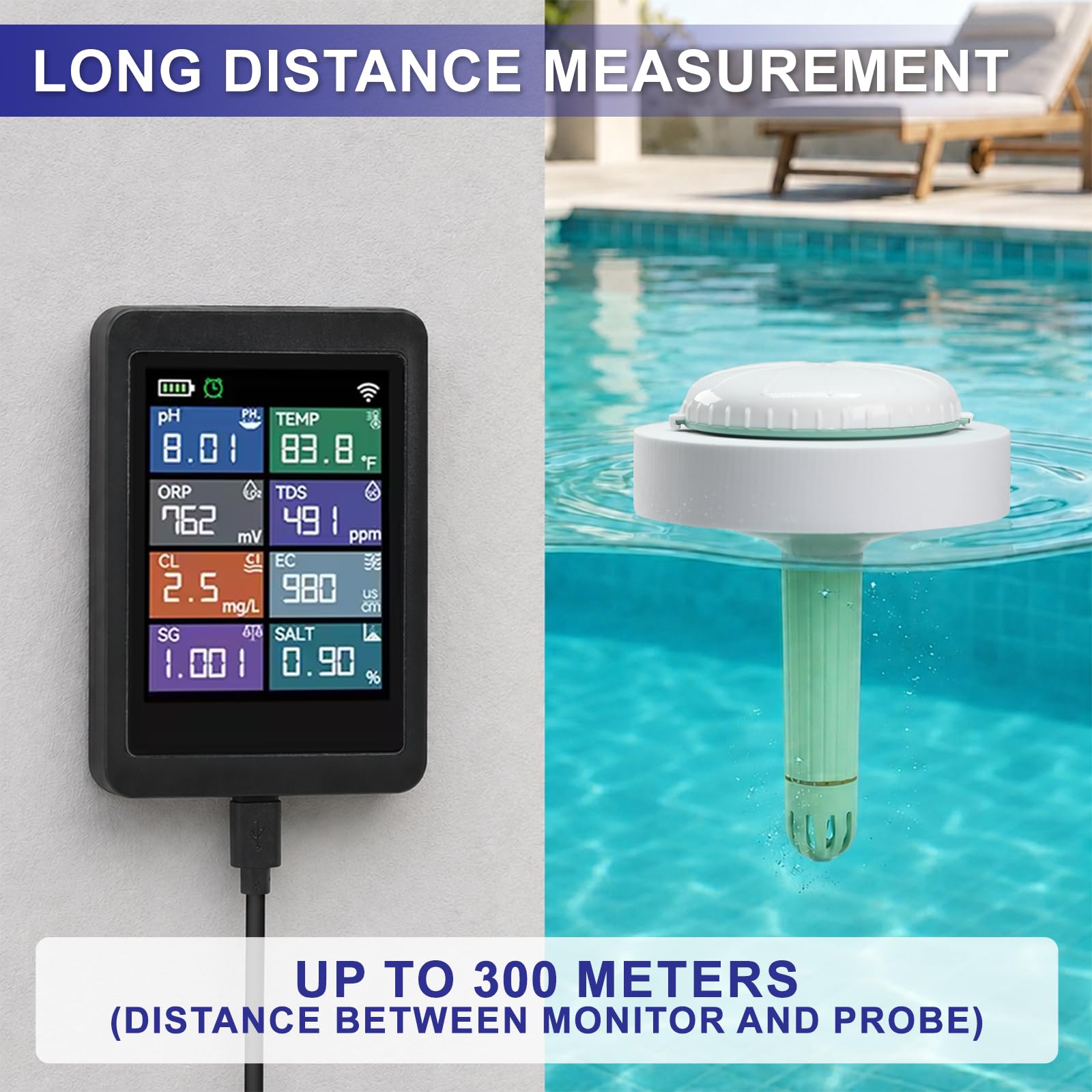 Smart WiFi Wasserqualitätstester, 8-in-1 digitales pH TDS EC Messgerät, Chlor Salzgehalt ORP S.G. Temperatur Multi-Parameter Monitor, Tuya App Echtzeit-Fernüberwachung für Pools, Aquarien, Spas
