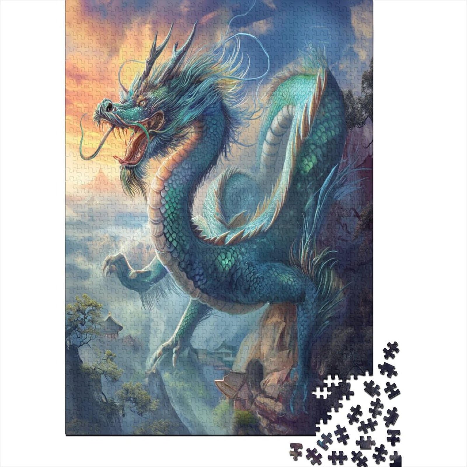 1000 Teile Drachen-Puzzle Für Erwachsene – 70x50 Cm, Rosa Landschaft Mit Geflügeltem Drachen, Staubarm & Anspruchsvoll