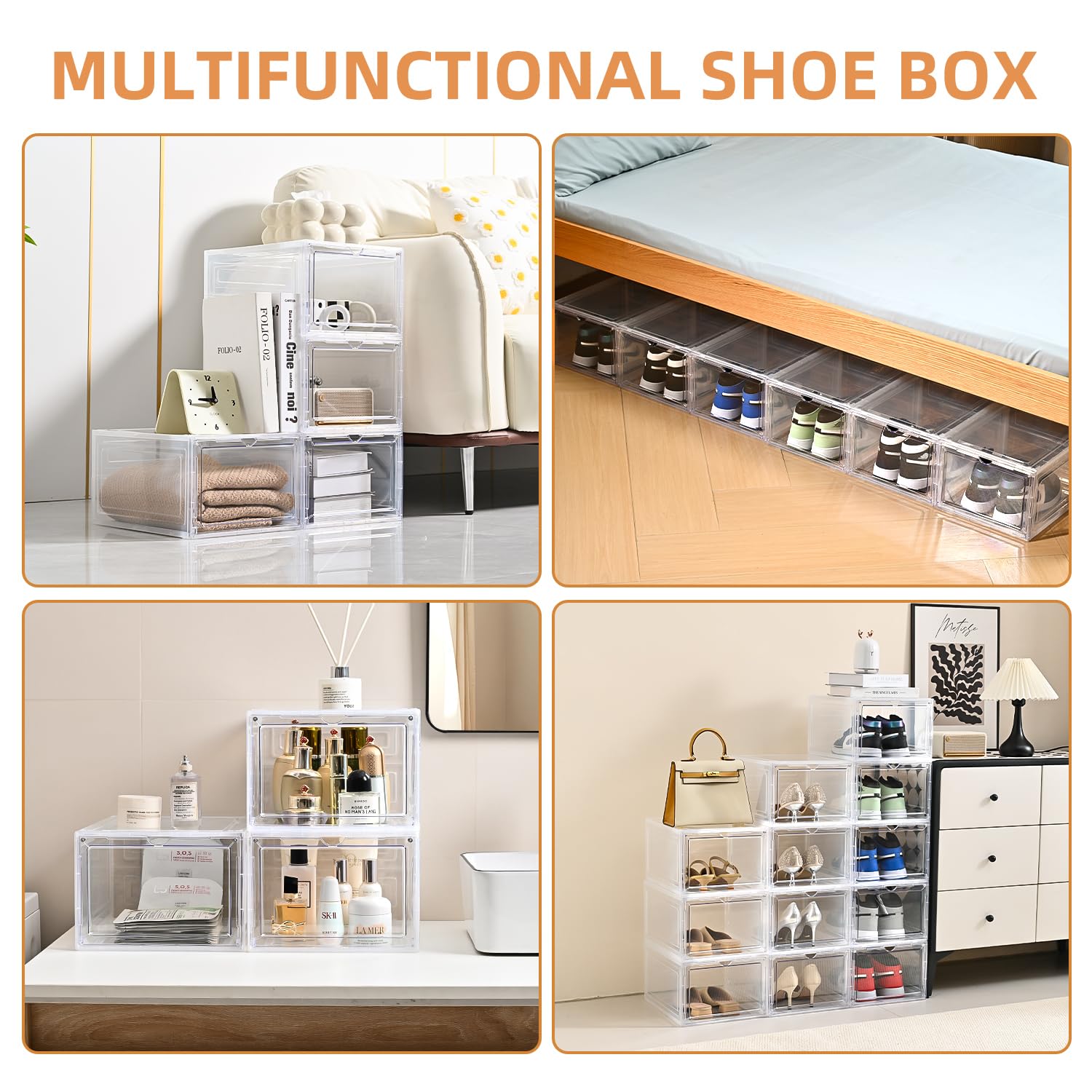 Cajas grandes de plástico transparente apilables, caja de zapatos con puerta transparente, contenedores de zapatos para exhibición de tenis, se adapta hasta la talla 12 de EE. UU. (transparente