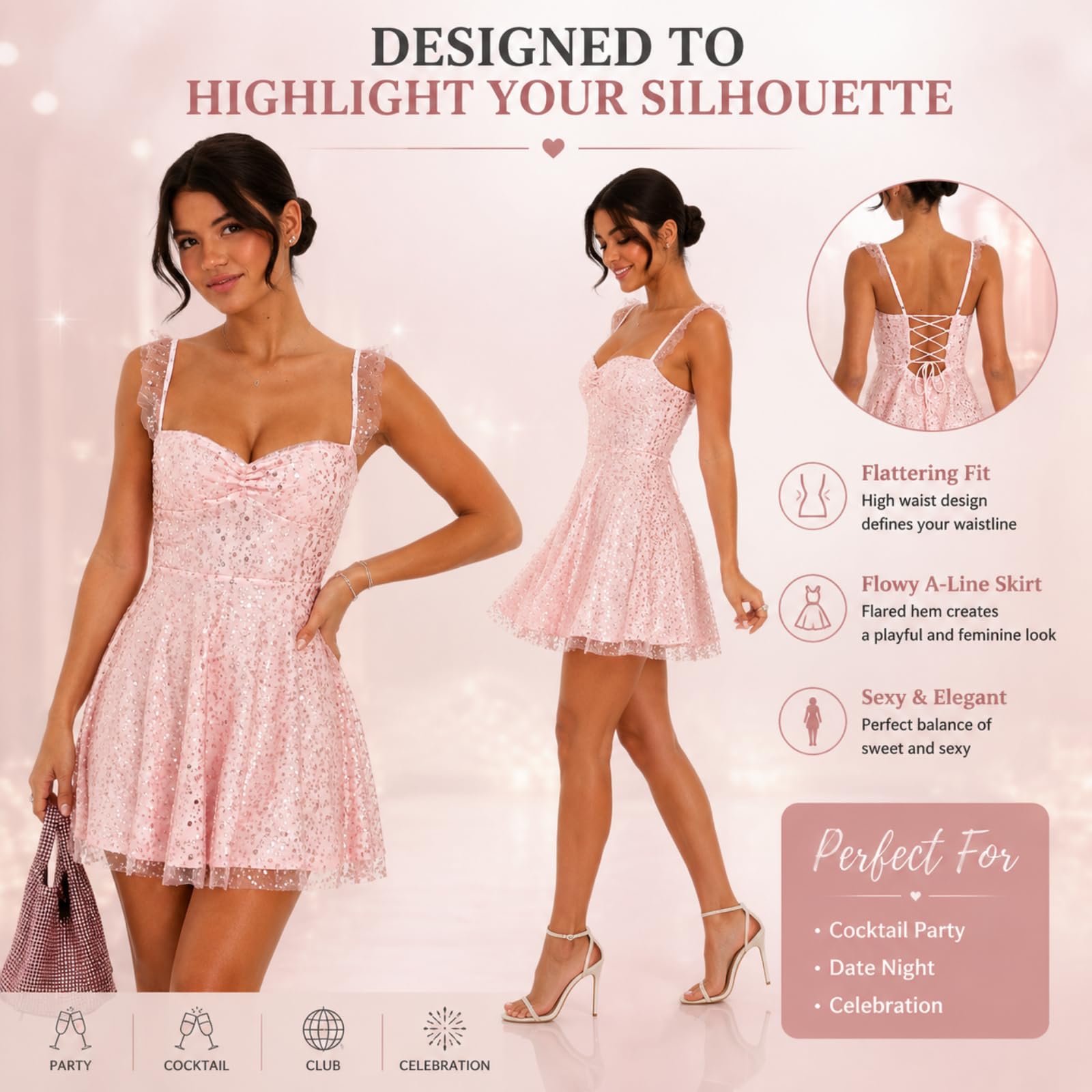 GFZMF - Mini abito da donna con scollo a V e paillettes, linea A, schiena scoperta, schiena scoperta, abito corto