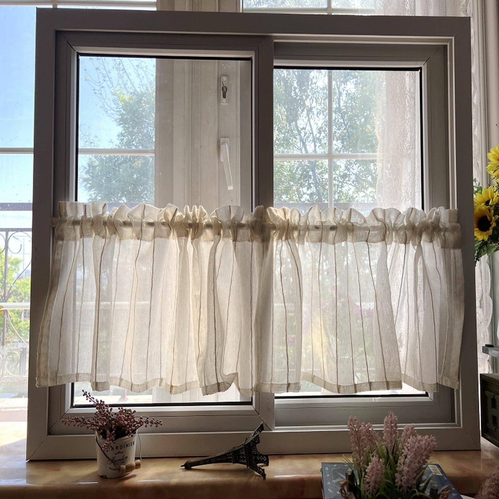 A.Monamour Gardine Scheibengardinen Kurzstores Halbtransparenter Gestreifter Voile Vorhang Kurzvorhang Kurzgardinen Küchengardine Küche Vorhang Fenster Kurz Stores Bistrogardine