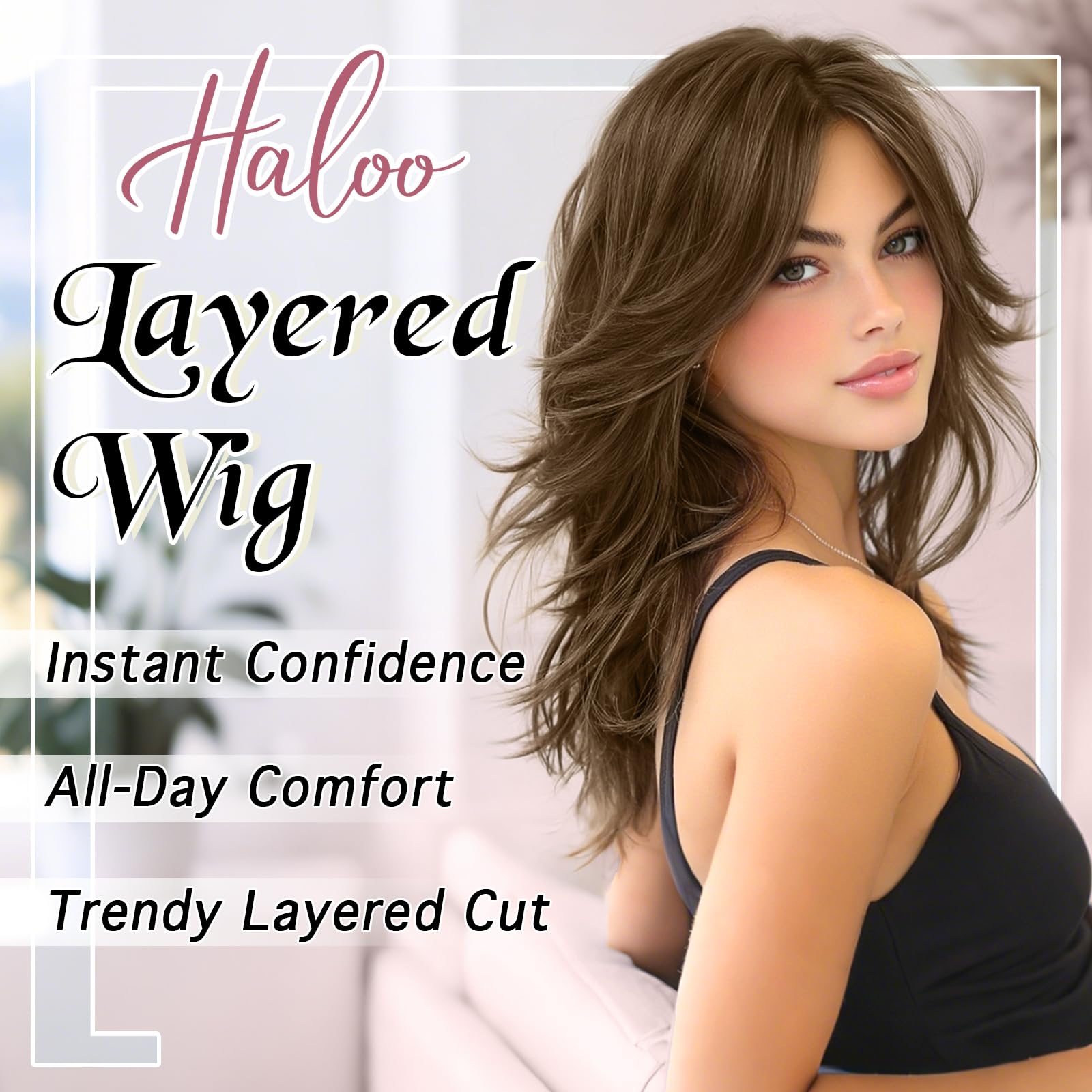 Haloo Layered Lace Front Wig with Curtain Bangs, 20 Inch Synthetic Hair