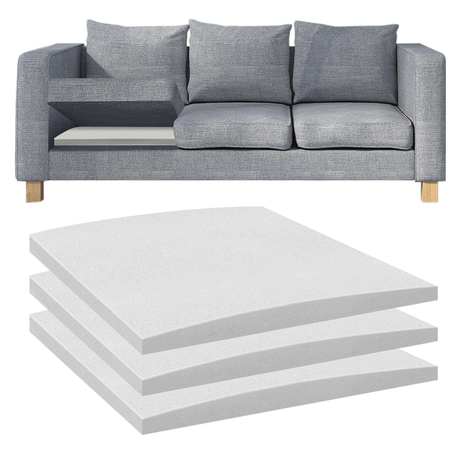 Flipped Warmth Sofa Cushion Support, 3 PCS 60x 60cm High-Density Foam Couch Saver Pad for Sagging Seat Curve, Furniture Seat Under Cushion Sag Repair, White