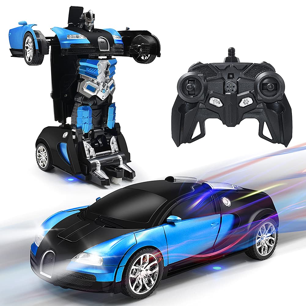 Rc Transformer Car, Remote Control Deformation Car with One-Button Deformation, 360°Rotating Drifting and Realistic Engine Sound, for Age 6 7 8-14 Years Old Boy and Girl (Blue)