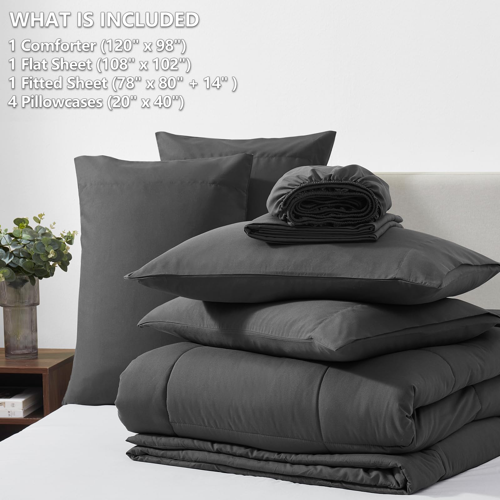 CozyLux Queen Comforter Set Black, 7 Pieces Bed in a Bag, Black Comforter Queen Size, All Season Bedding Sets with Stitch Quilted Comforter, Flat Sheet, Fitted Sheet, Pillowcases: Dark Grey Oversized King