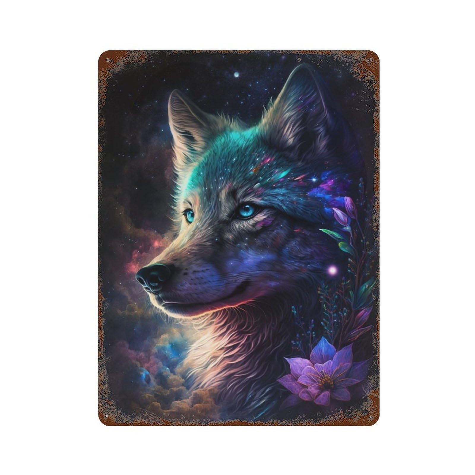Galactic Wolf Fantasy Art Print -2 Weathered Tin Sign 15.7"x11.8", Classic Wall Plaque for Garage, Bar And Workshop Decor