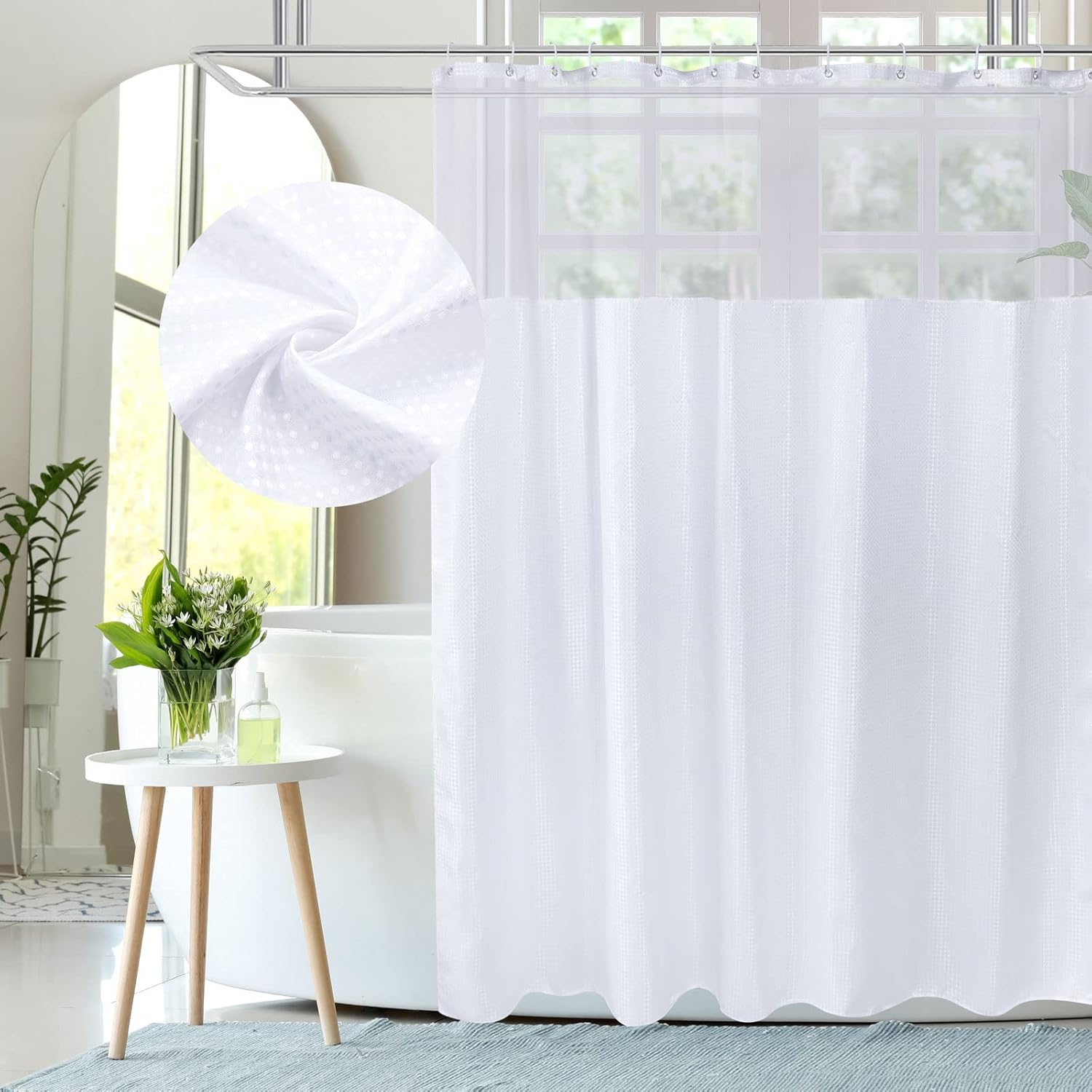 BBiggood White Shower Curtain, See Through Mesh Top Window
