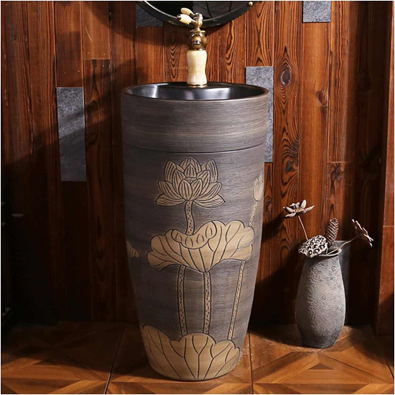 WDSOPK Freestanding Pedestal Sink Hotel Bathroom Basin, Lavatory Sink, Art Toilets Basins Handmade with Drain Installation Hole, for Indoor and Outdoor (A With mirror)