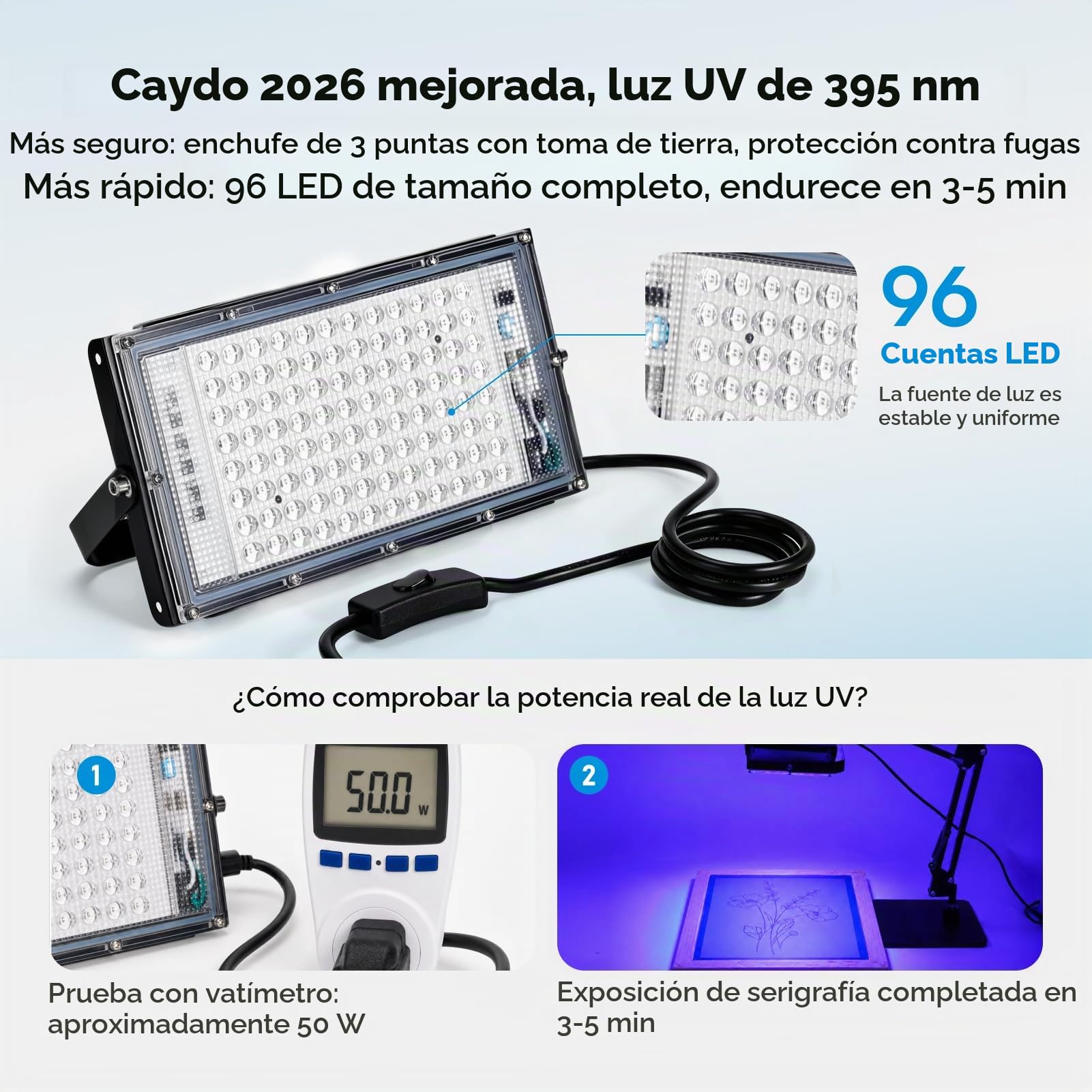 Caydo - Unidad de exposición LED de 50 W para serigrafía, luz UV con soporte retráctil y ajustable para serigrafía y cianottipos