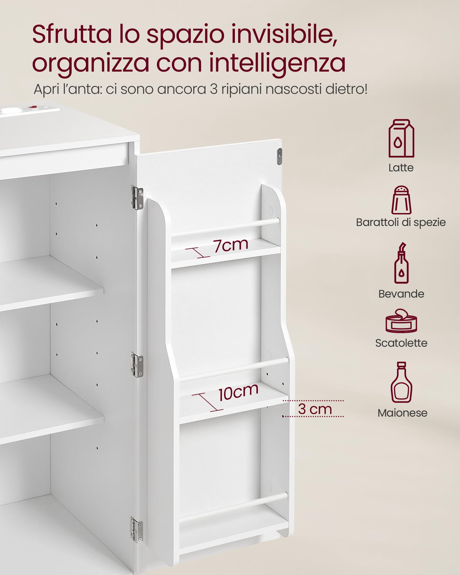 VASAGLE KAILYN Collezione - Credenza, Mobile da Cucina, Armadietto con Piano, Ripiano Porta Forno a Microonde, 1 Scomparto Aperto, 3 Ante, Ripiani Regolabili, Bianco Nuvola BBK373WB01