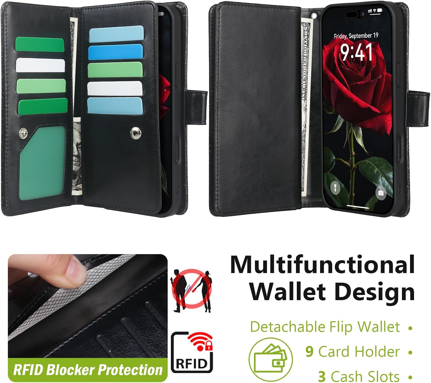 Varikke for iPhone 17 Pro Max Wallet Case Detachable with RFID Blocking Card Holder for Women, Glitter PU Leather Strap Magnetic Flip Removable Phone Case Cover for iPhone 17 Pro Max 6.9", Black
