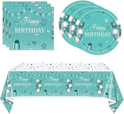 41 piezas de suministros de fiesta de color verde azulado y plateado, decoraciones de cumpleaños color turquesa, vajilla desechable para fiestas,