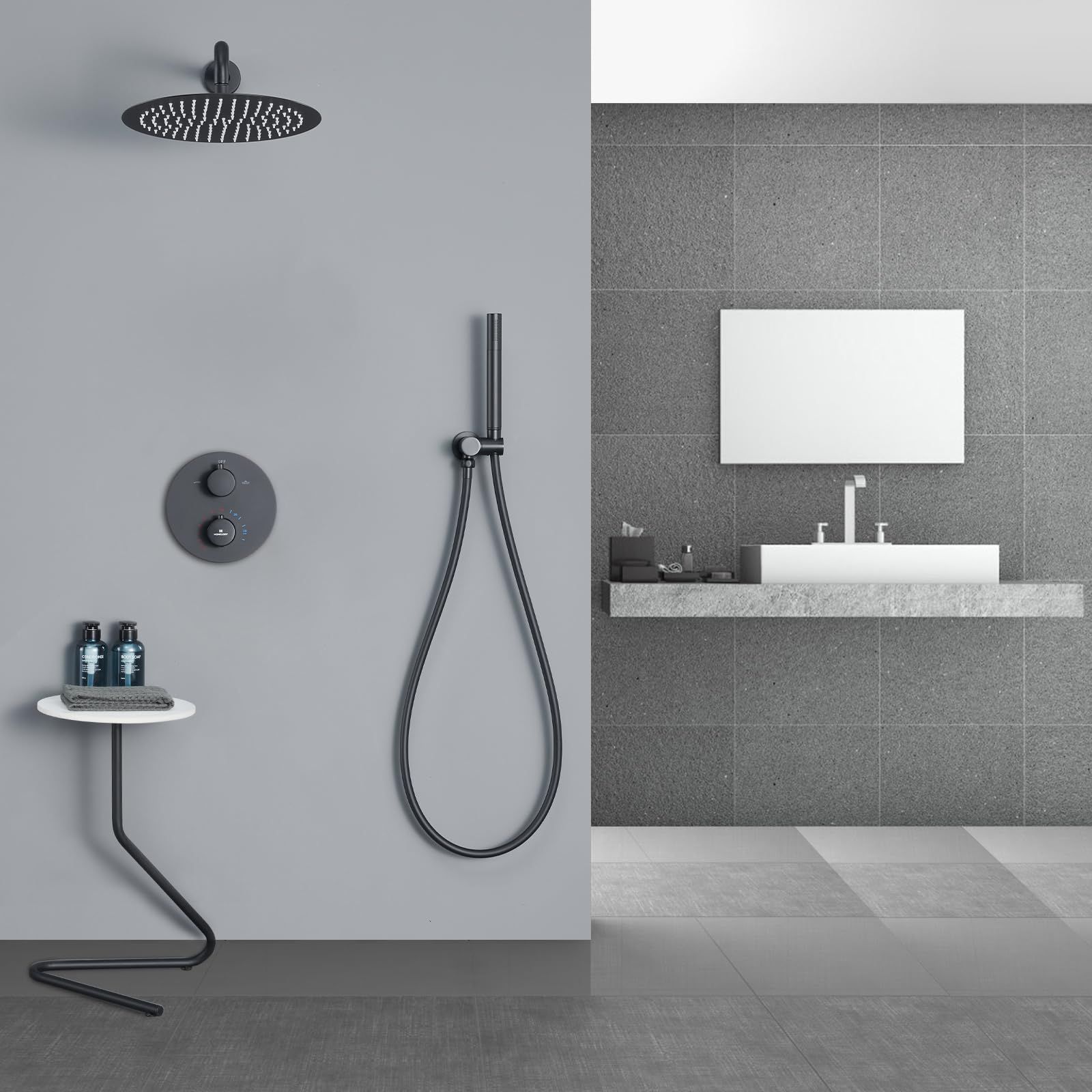 HOMELODY Czarna armatura prysznicowa, deszczownica, podtynkowy system prysznicowy z termostatem, podtynkowa armatura prysznicowa, deszczownica, 12 cali, system prysznicowy zapobiegający oparzeniom, w