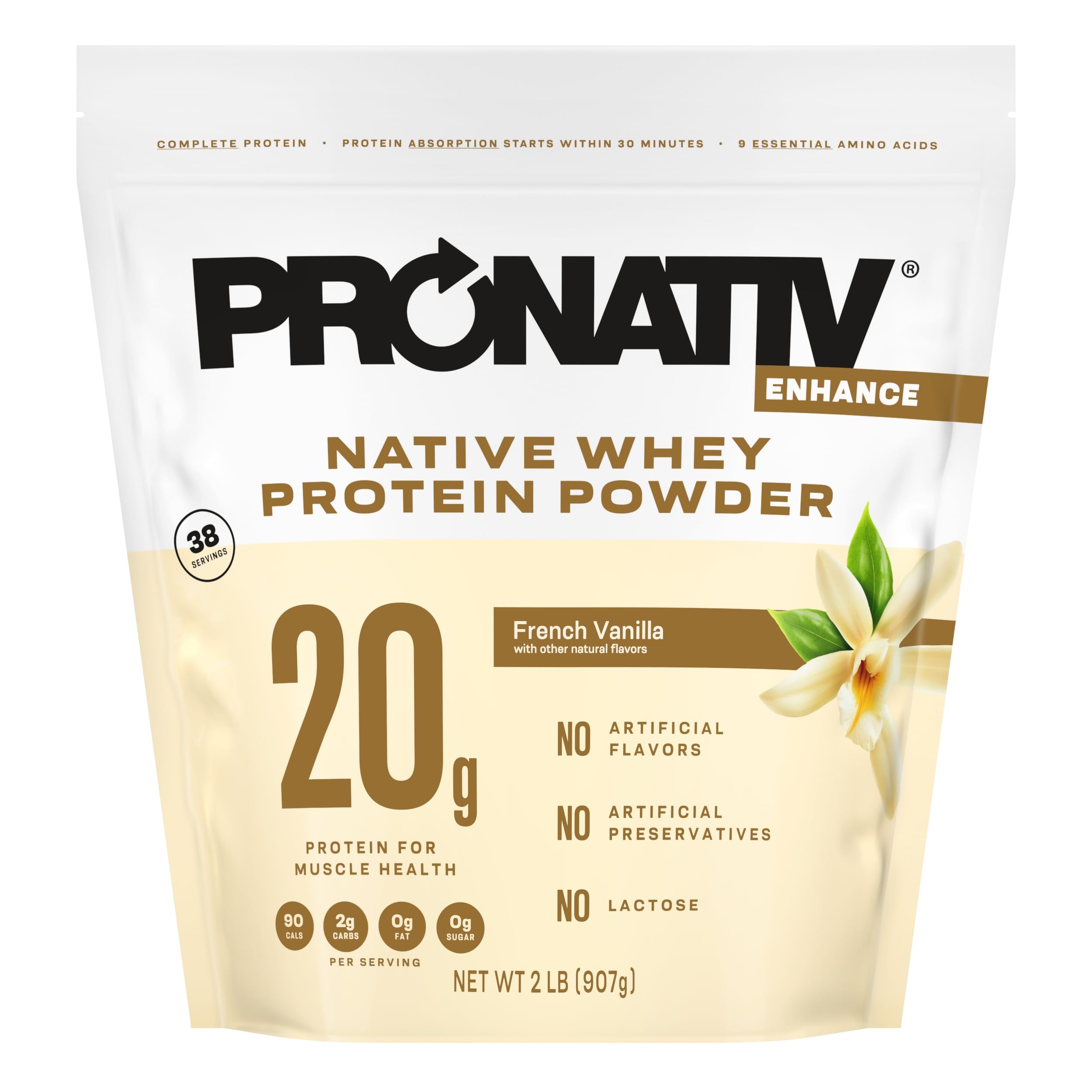 100% Whey Native Protein Powder, French Vanilla, 2 lb, Made from Farm Fresh Milk, No Artificial Flavors or Preservatives, for Muscle Health and Recovery, Lactos