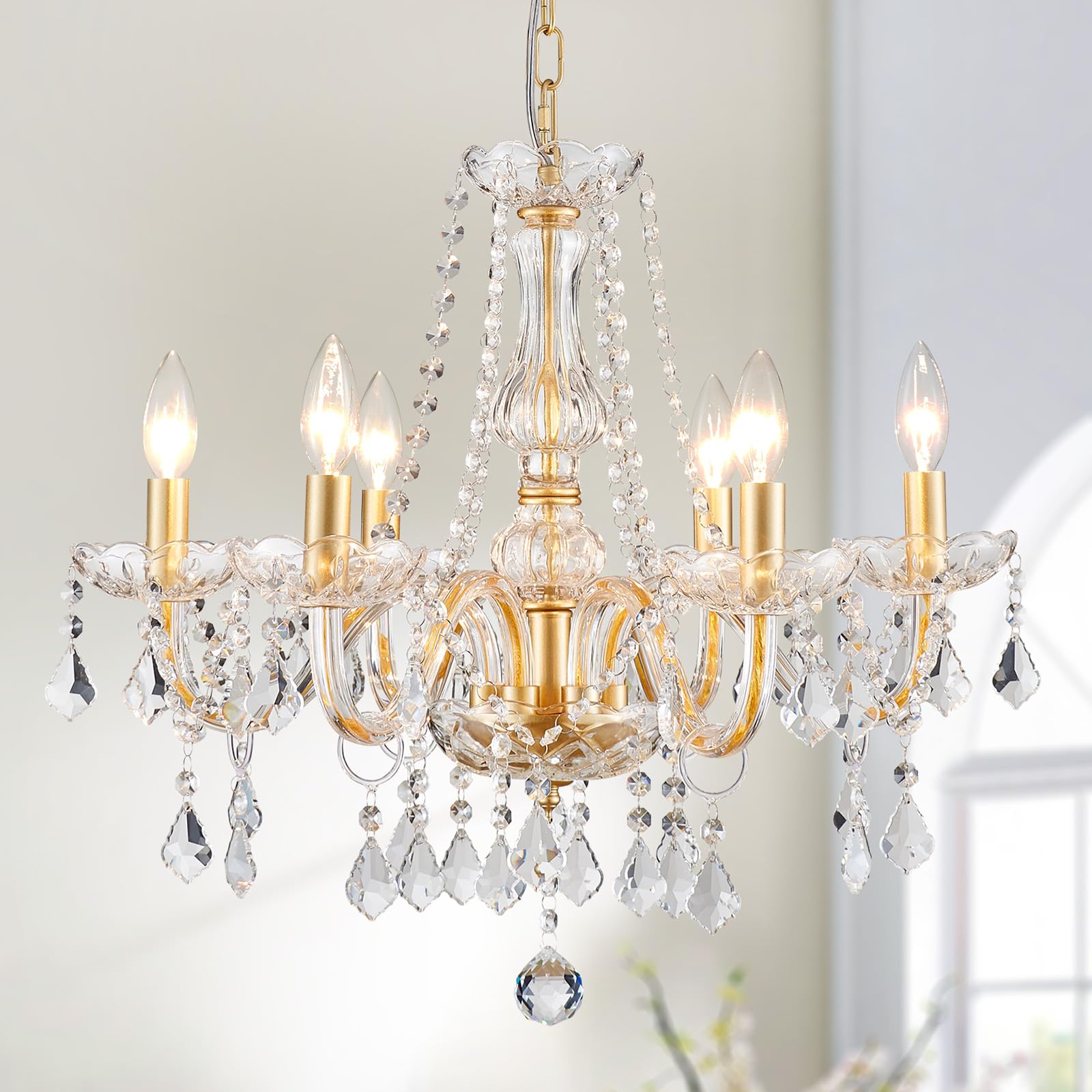 WUZUPS Chandelier à bougie en cristal, suspension, plafonnier encastré, Luminaire moderne pour chambre à coucher, entrée, bar, cuisine, salle de bain, H 68 x L 56, Doré, E14 Base