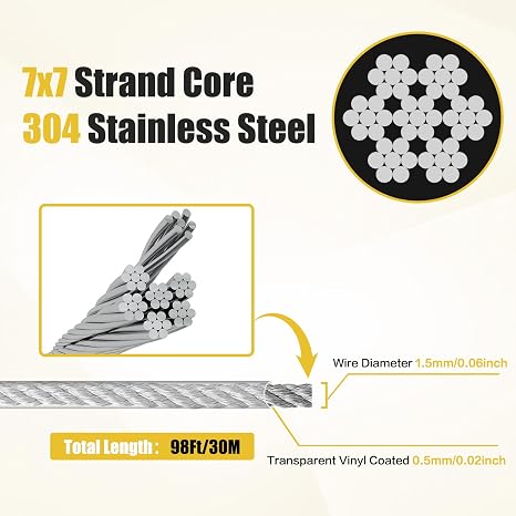 2mm steel wire, plastic coated steel cable 30m, 7x7 Strand Core Multi-Purpose Metal Cable for Gardens, Hanging, Outdoor Use, 150kg Breaking Strength with 30 Aluminum Loops