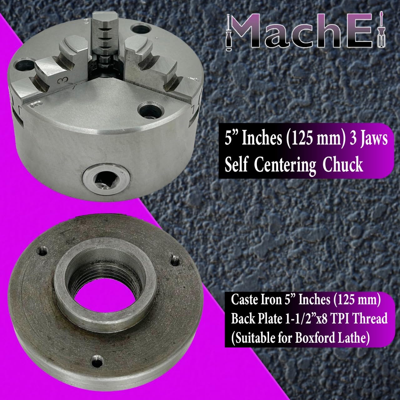 MachEl 3-szczękowy samocentrujący uchwyt tokarski 5" (125 mm) z żeliwną płytą tylną – gwint 1-1/5.1 cm x 8 TPI - kompatybilny z tokarkami Boxford