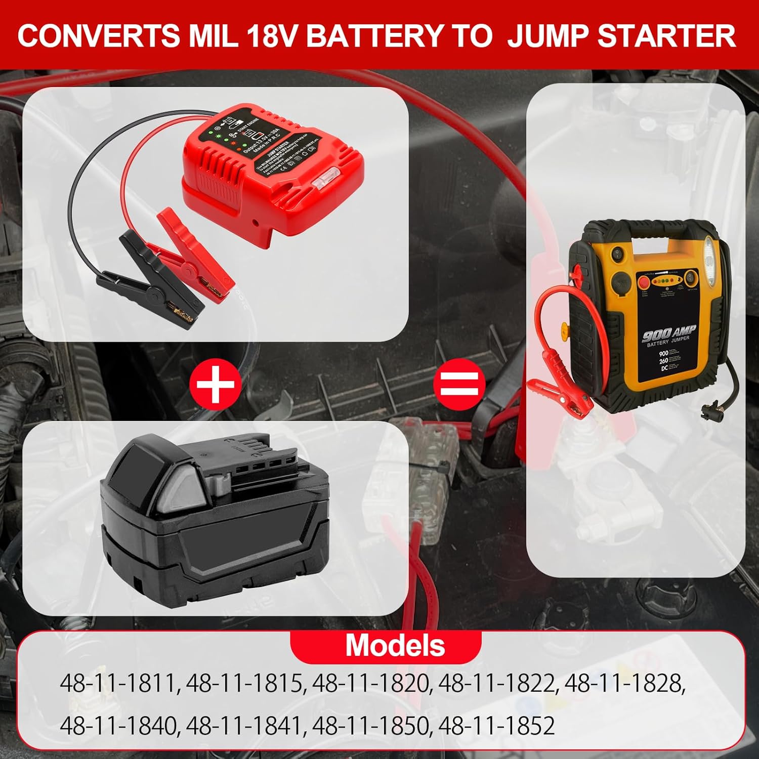 12V Jump Starter Adapter Compatible with Milwaukee 18V Lithium Batteries, Portable Car Battery Jumper Starter with 11AWG 1.2FT Jumper Cables (Battery Not Included, Not Made by Milwaukee)