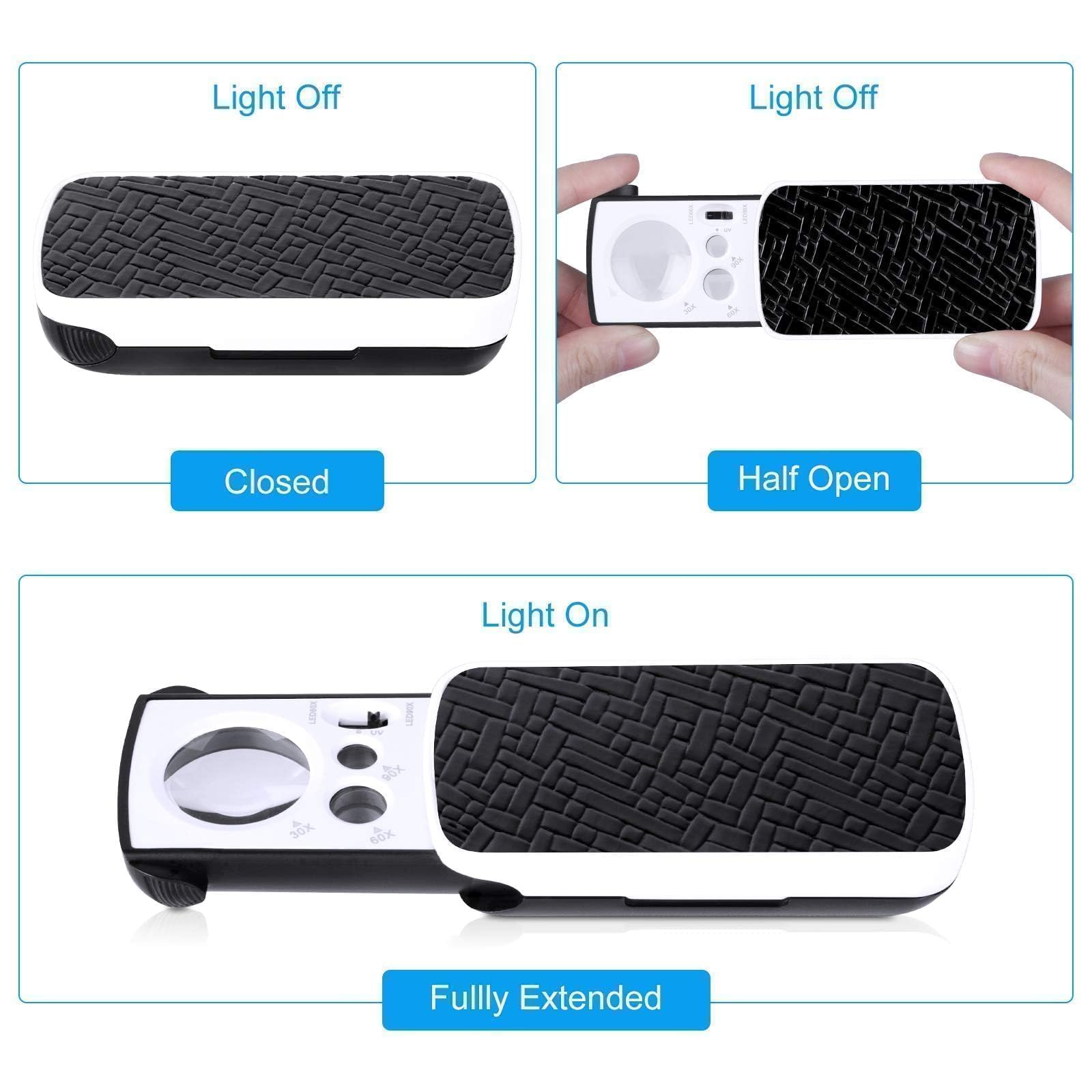 EEEKit Lupa de Joyero LED con Luz, 30X 60X 90X, 2 Piezas Lupa de Bolsillo Iluminada para Inspección de Monedas, Sellos, Piedras, Plantas