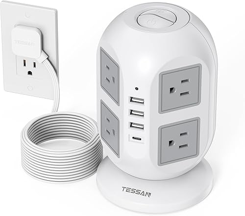 TESSAN Regleta protectora contra sobretensiones en torre de 10 pies, cable de extensión plano largo con múltiples tomas, 8 salidas de CA con 4