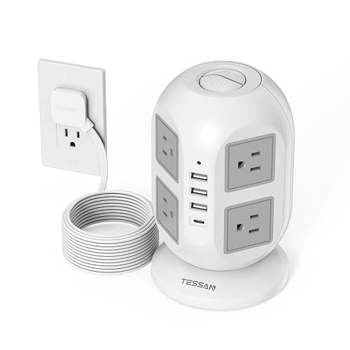 TESSAN Tower Power Strip 10 ft, Long Flat Extension Cord
