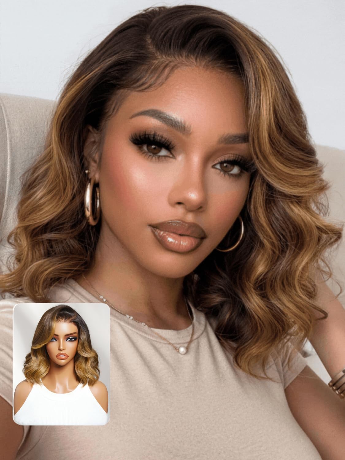 Nadula 7x5 No Slip Ombre Brown Wavy Bob Drawstring Wig Human Hair with Honey Blonde Face-Framing Highlights,Pre Everything Glueless Bye Bye Knots Wig Ready to W
