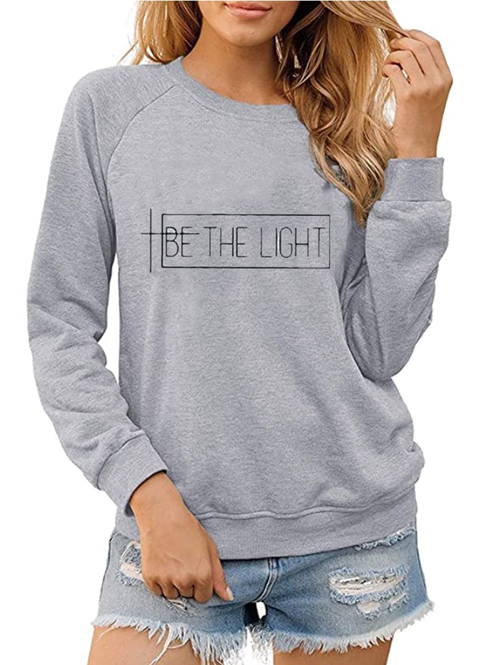 Be The Light Letters Print Sweatshirt Women Long Sleeve Crew Neck Christian Pullover Shirt Tops