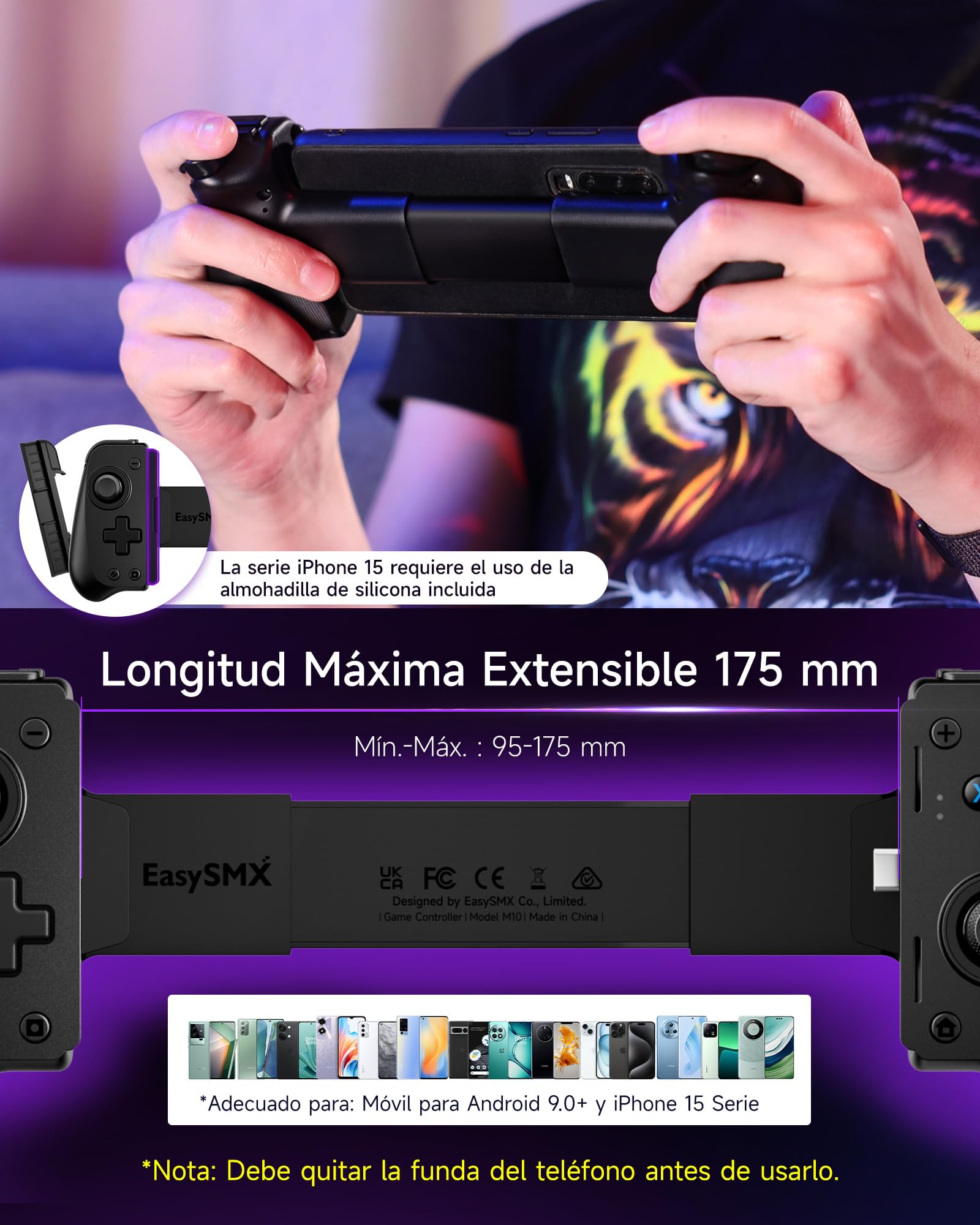 EasySMX M10 Móvil Mando de Juego para Teléfono Android (TIPO C) & iPhone 15 - iPhone 15 Mando Smartphone - Controlador de Juegos Móvil con Hall Joysticks/Triggers - Baja Latencia - Plug and Play