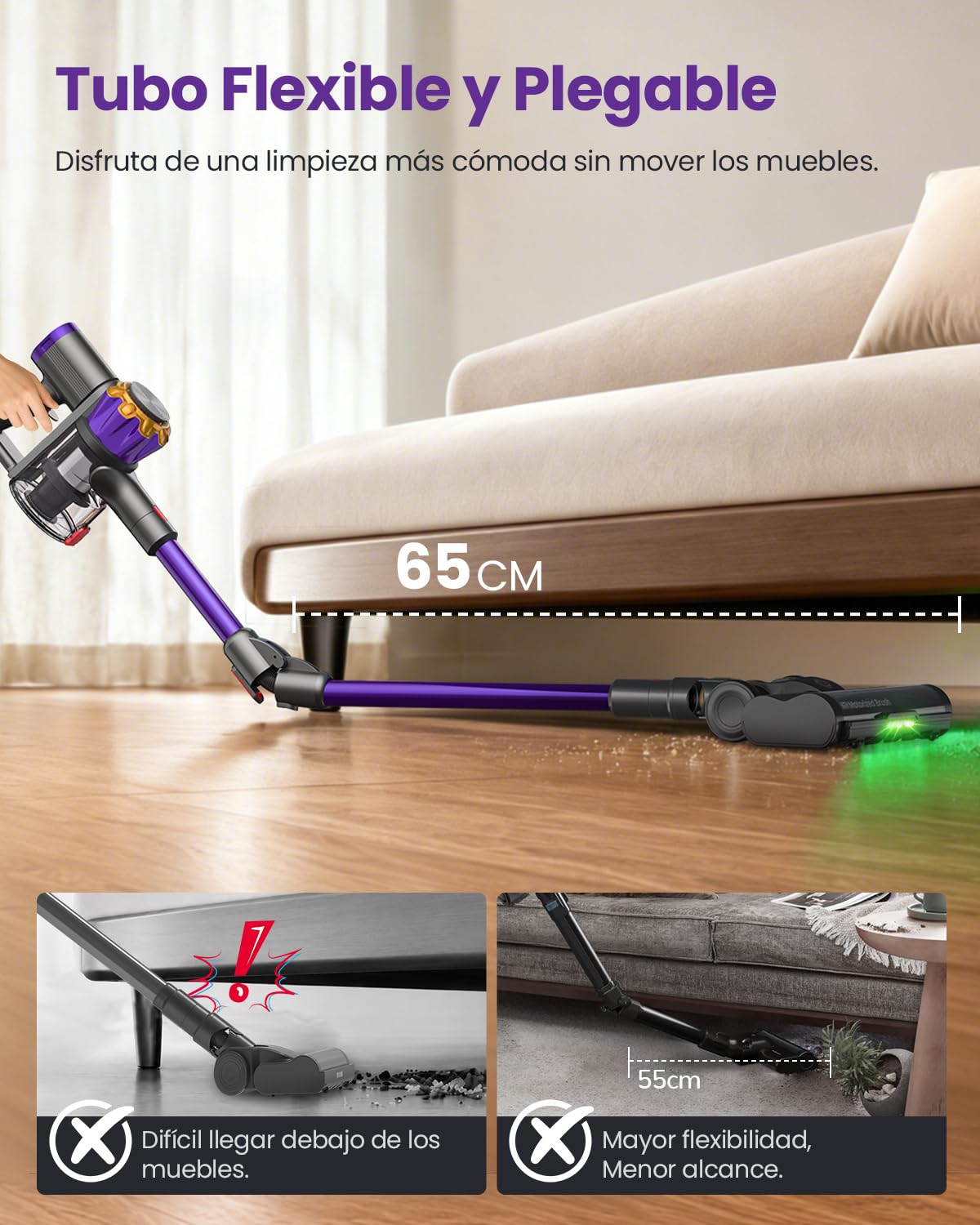 V18Pro 50kPa/450W Aspiradora sin Cable con Brazo Flexible | 1.4KG Ultraligera 60dB Silenciosa, Cepillo Antienredos 0 mm, 7 en 1 Aspirador Escoba Potente para Pelo de Mascotas, Alfombras