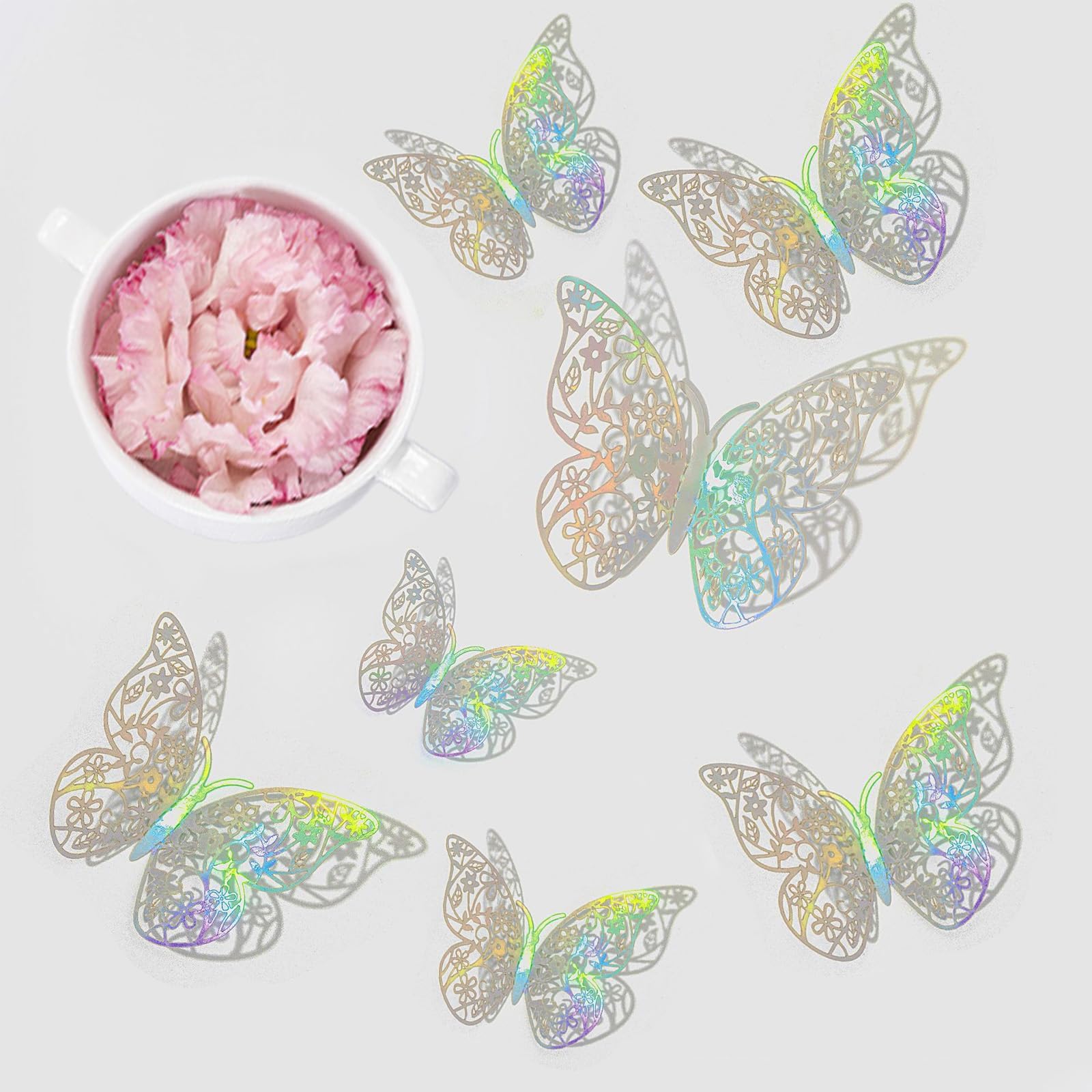 12 Pcs Silver 3D Butterfly Wall Decor 3 Sizes Removable Stickers Elegant Birthday Party Baby Shower & Cake Decorations Versatile Floral Arrangements