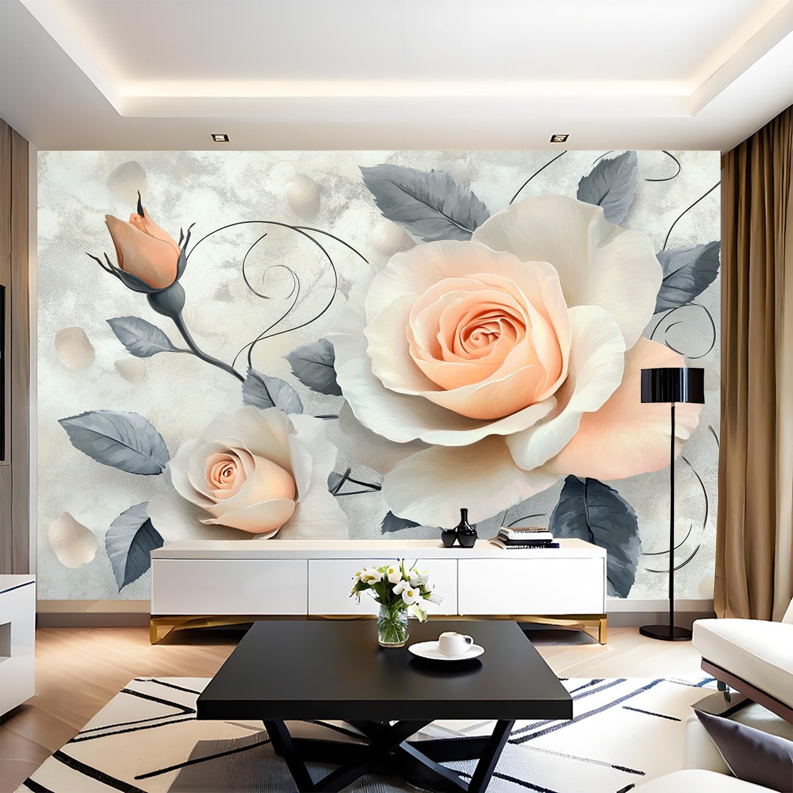 Fototapete Vintage-Rosen Vliestapete 400 x 280 cm gräulich-weiß 3D Effekt Wandbild Moderne Wandtapete für Schlafzimmer Wohnzimmer