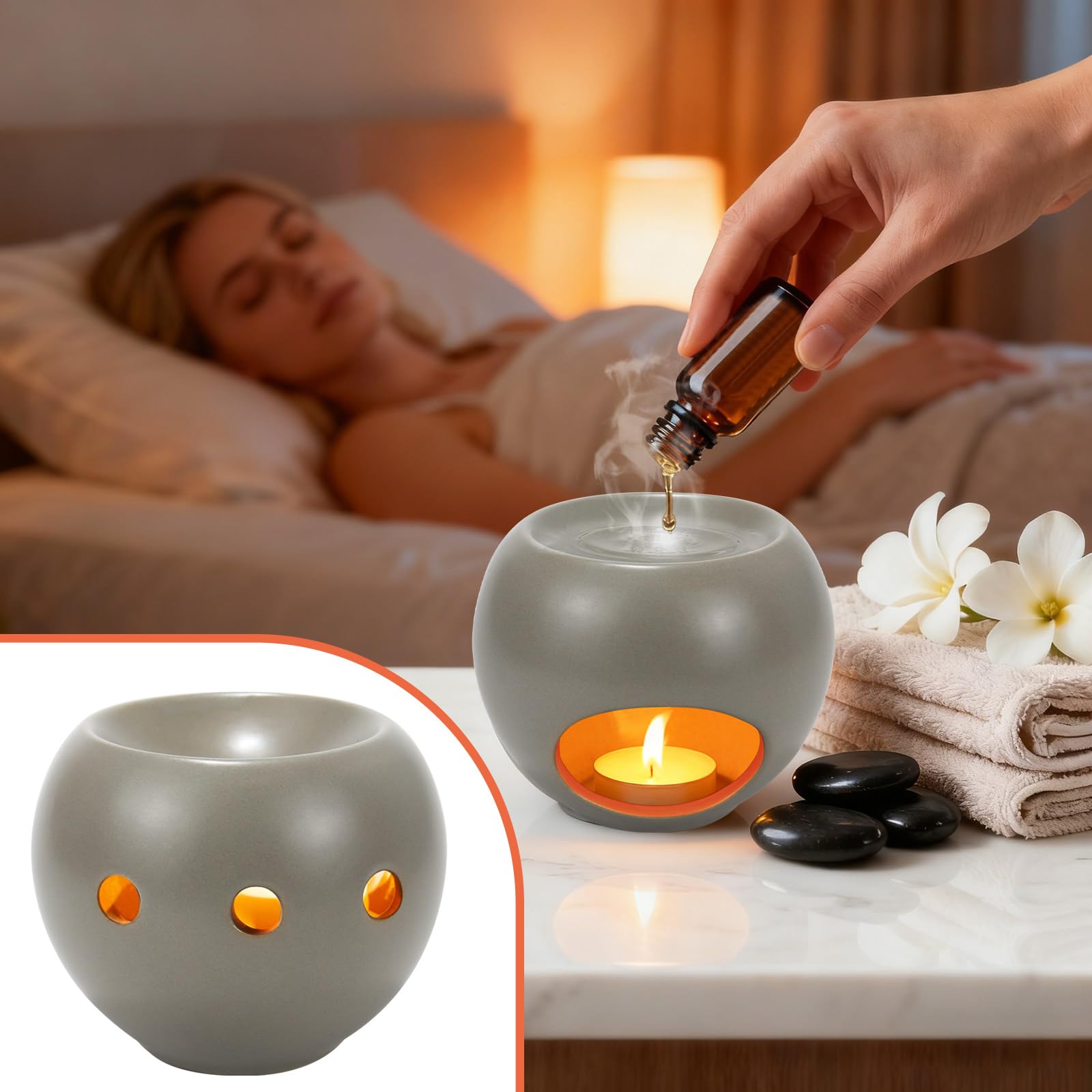 Quemador Aceites Esenciales, Quemador Wax Melts – Lámpara Perfumada De Cerámica para Aceite Esencial Y Cera Perfumada, Calientaceras para Aceites Esenciales (Gris)