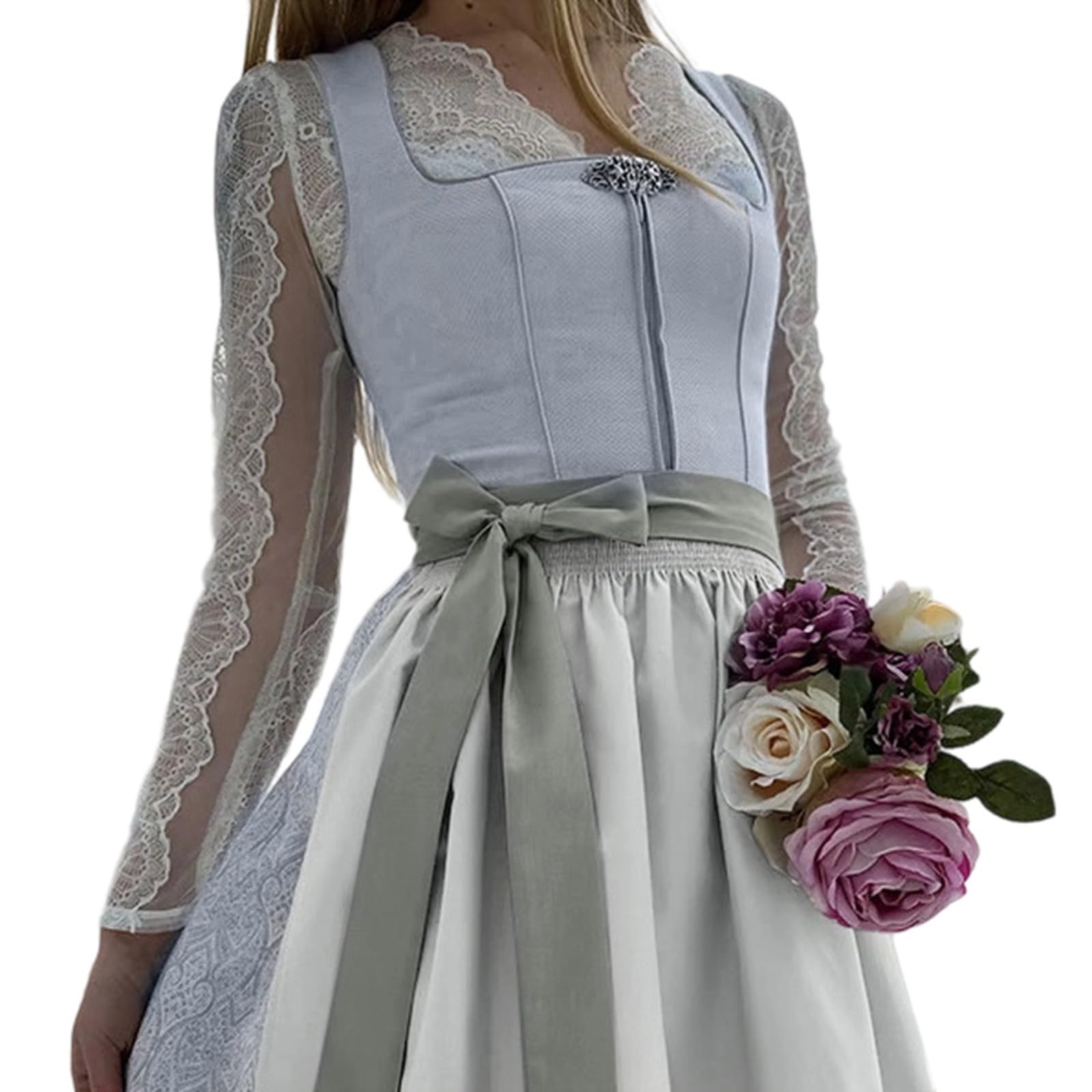 Generisch Dirndl Damen Dirndlkleid Blau - Trachtenkleid Midi Smat Trachtenrock Für Oktoberfest Volksfest
