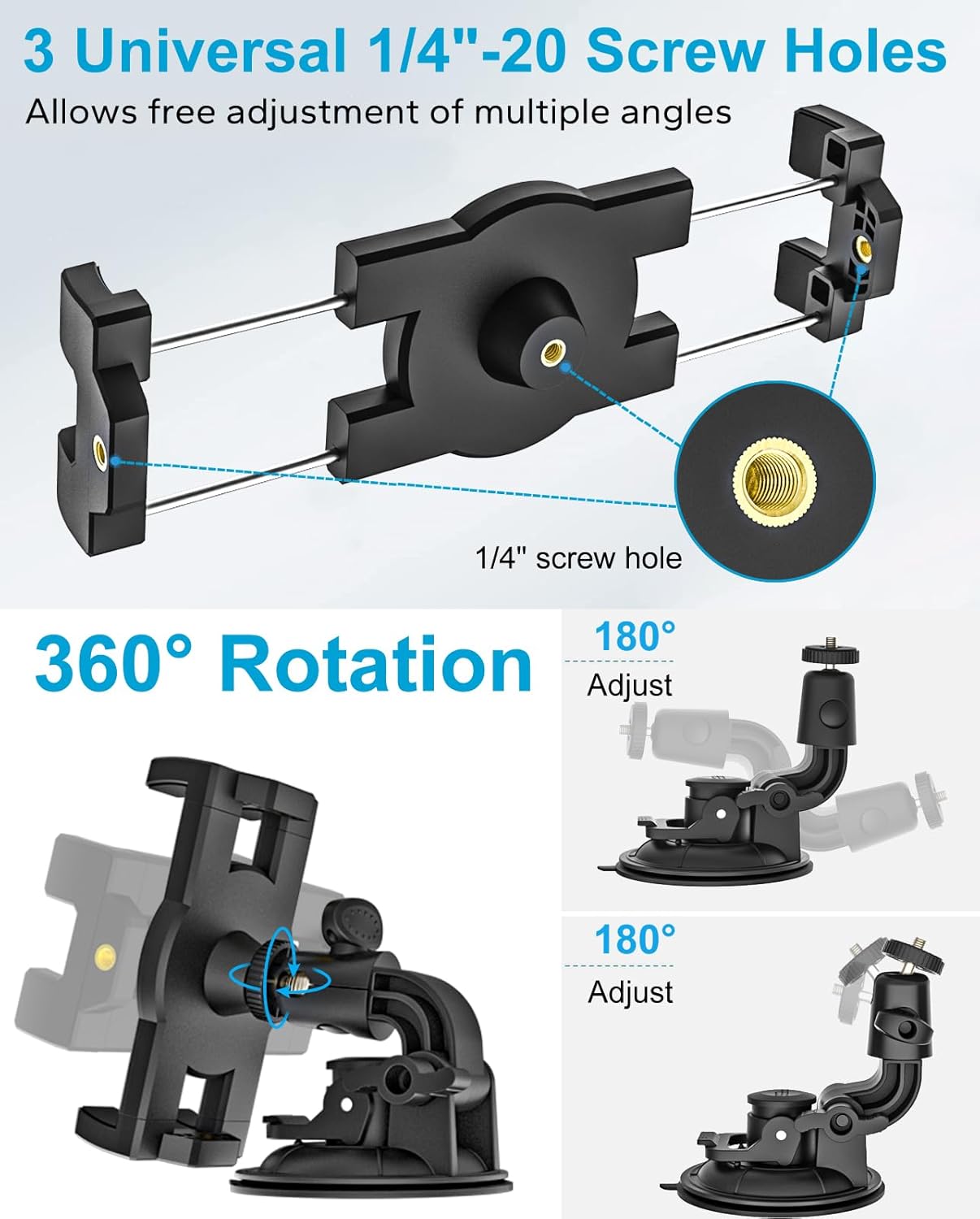 GDZN Suction Cup Windshield Tablet Holder for Car, Anti-Shake Dashboard Windshield Tablet Mount for Truck/Pickup/SUV, Car Mount with 1/4'' Screw for 4.7-13" iPad Pro, Galaxy Tab, iPhone, Gopro, Camera