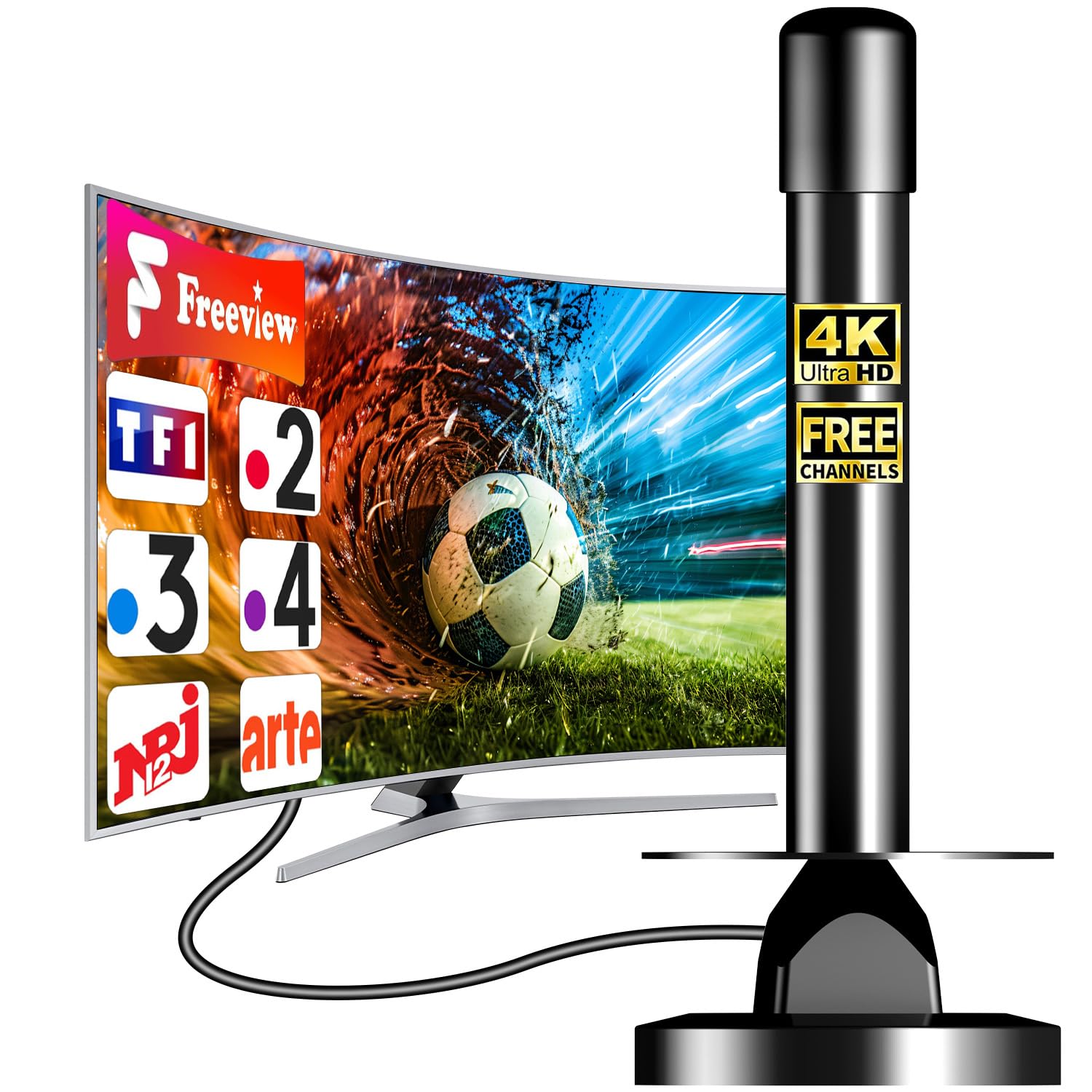 Antena TNT HD VHF/UHF do telewizora i Smart TV, stabilna podstawa magnetyczna, wielokierunkowy odbiór 360°, kompatybilna z DVB-T2, 4K UHD i 1080p, kabel koncentryczny 5 m, K-FR-250-01-260719