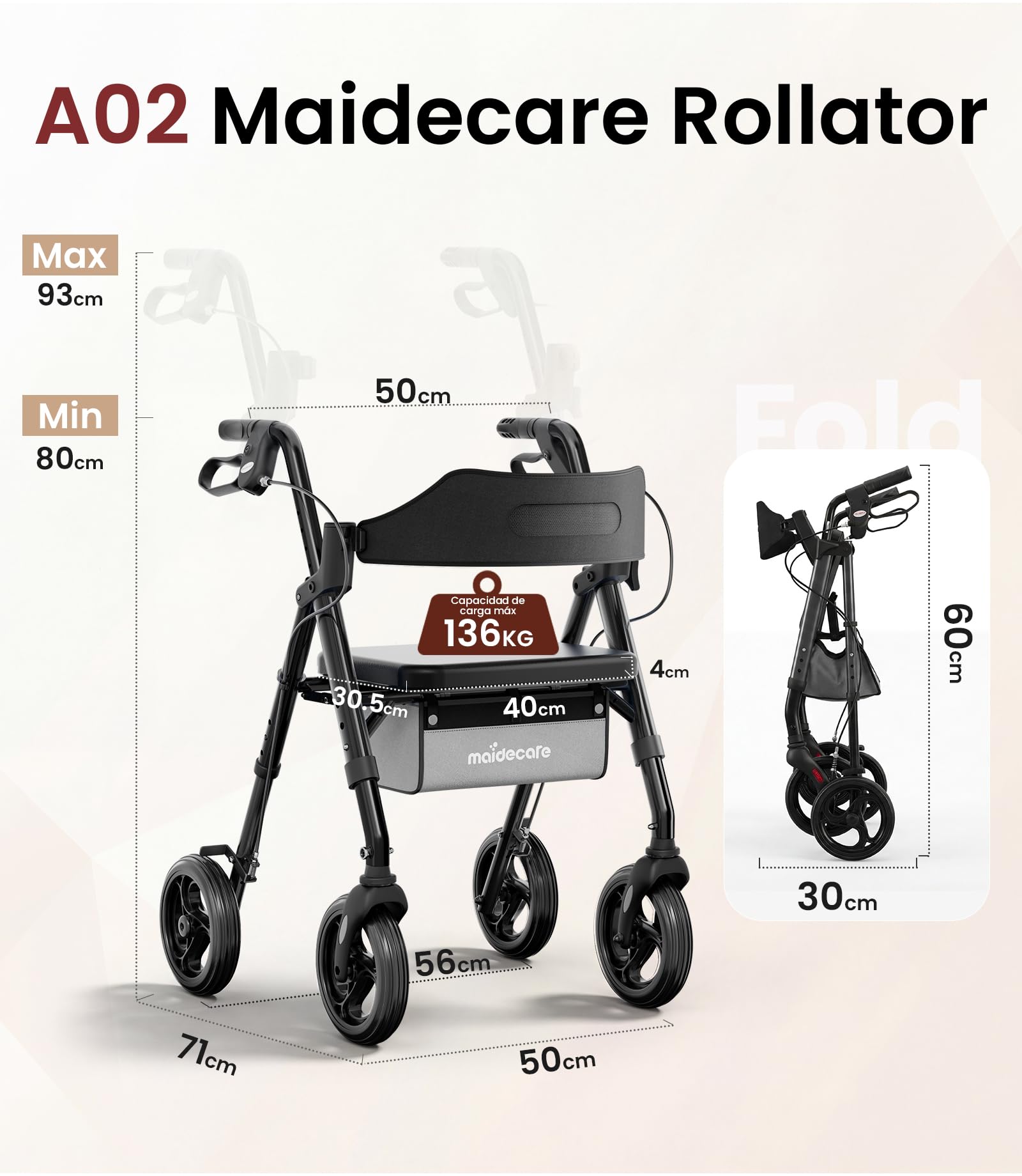 Andador para Ancianos con Asiento Plegable, Manillar y Asiento Regulables en Altura, Caminadores para Mayores, Ayuda para Caminar Ligera con Freno, Ruedas 8" Todoterreno, Negro