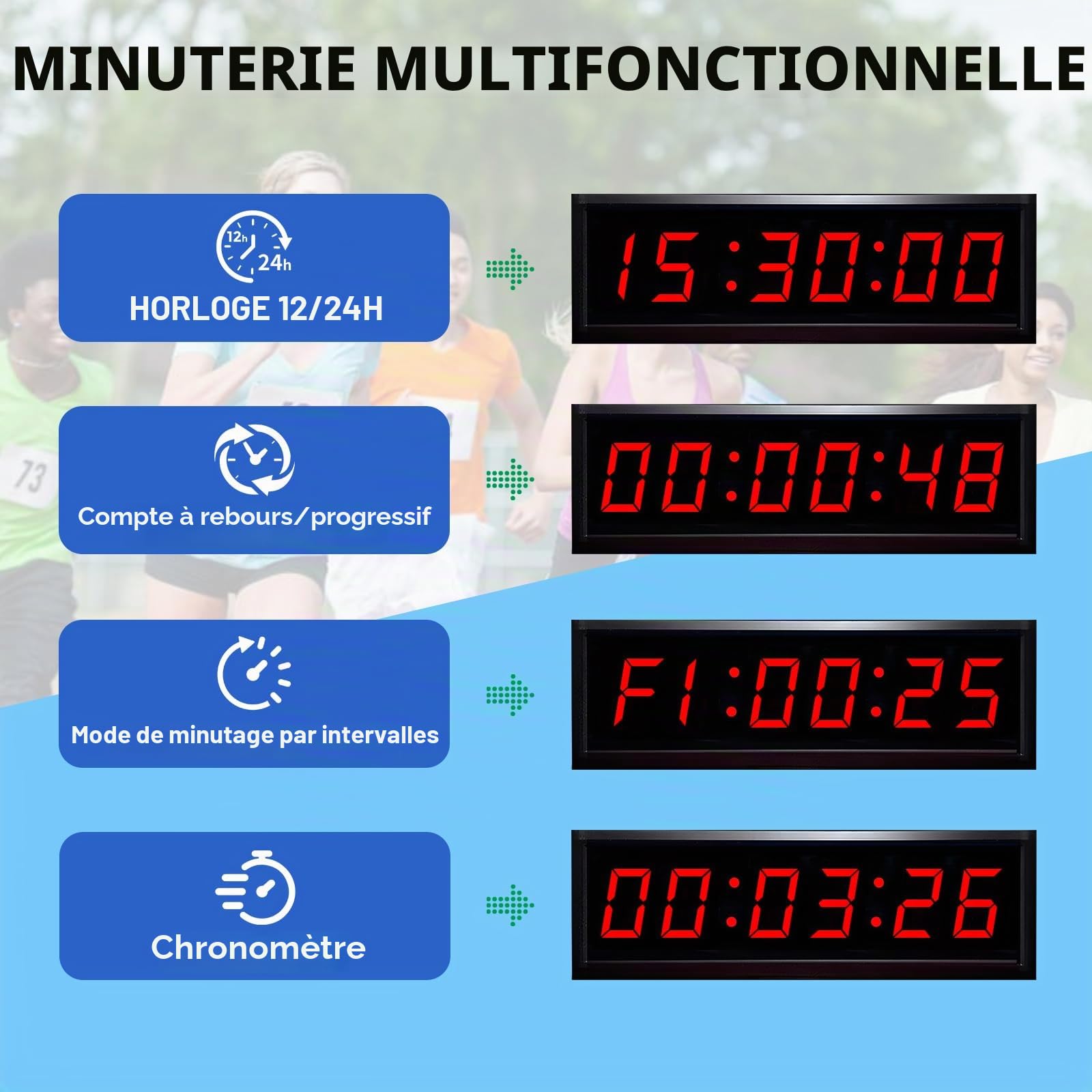 Compte à rebours - Minuteur de Gym de 2,3" - avec trépied | 6 fonctions de comptage à rebours - Télécommande - Chronomètre-Horloge numérique LED 12/24 h pour l'entraînement, le fitness