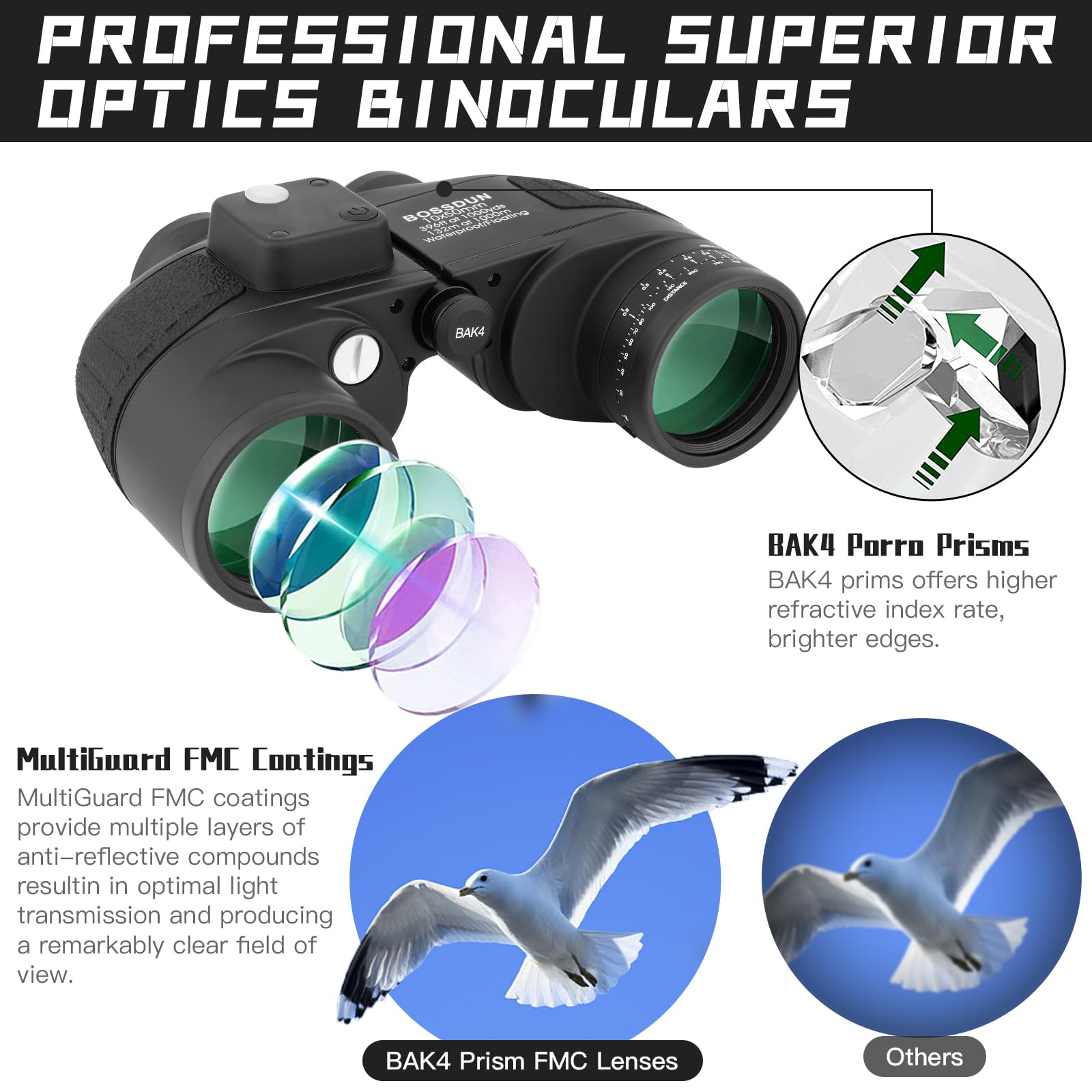 10x50 Binocolo Marino per Adulti, Binocoli Militare Impermeabile con Bussola Telemetro BAK4 Prisma Lente FMC Antiappannamento per la Navigazione Birdwatching Caccia (B)