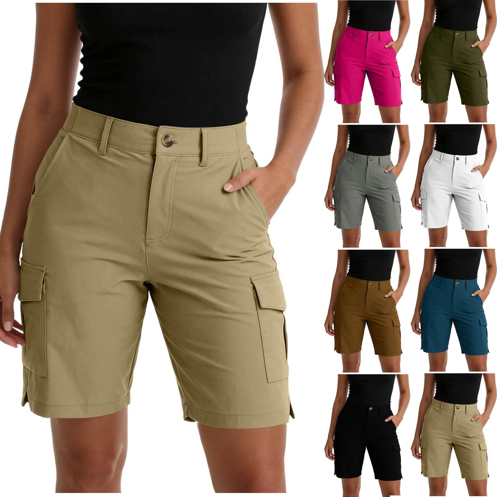 Generisch Cargo Shorts Damen Outdoor Wanderhose Kurz Stretch Funktionelle Bermudas mit Taschen Trekkinghose Sommerhose Locker Sitzende Kurze Hose mit Knopf Reißverschluss für Wandern Freizeit Camping