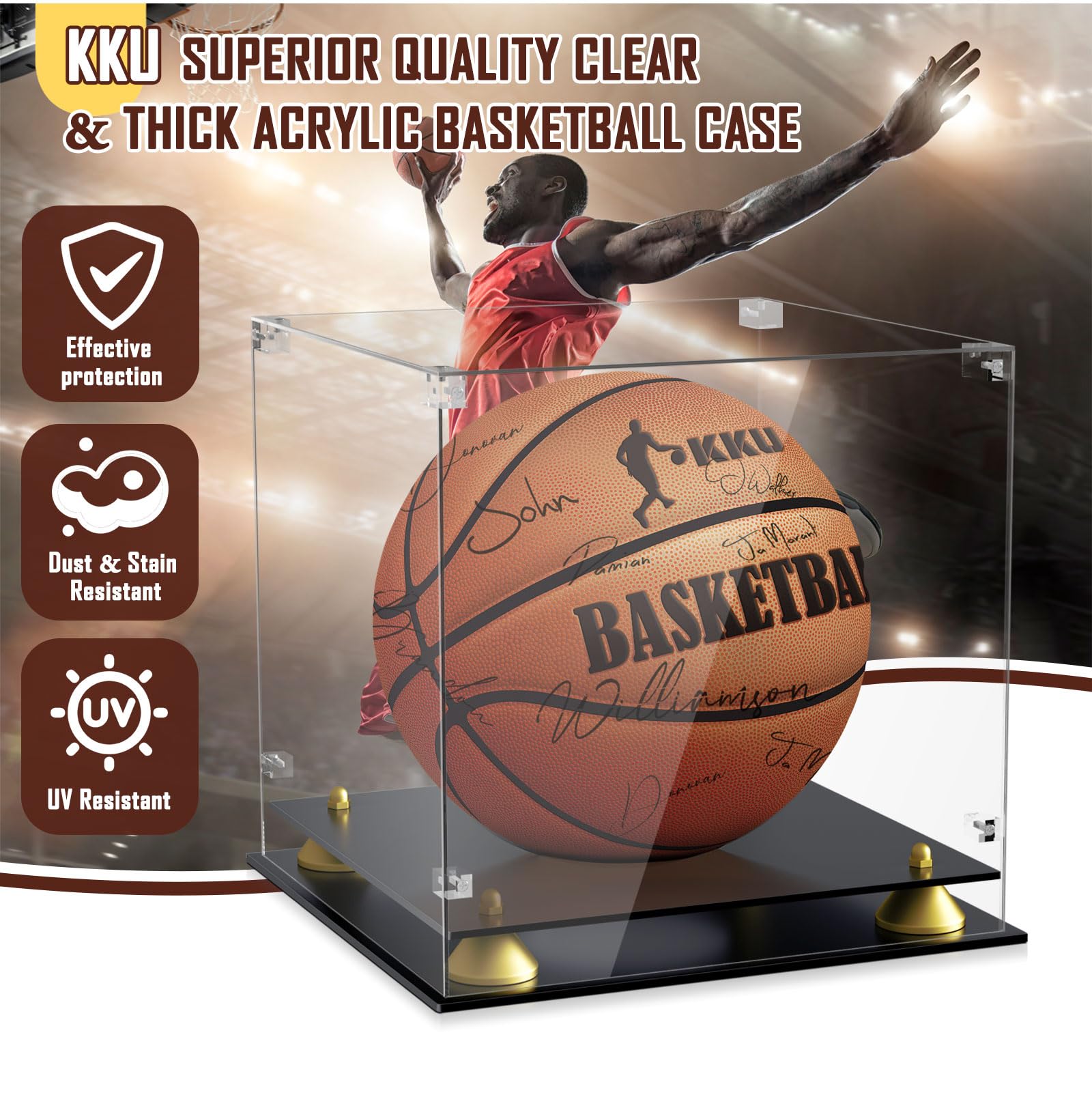 KKU Acrylic Basketball Display Case, Clear Full Size Basketball Case Display, Double Tier Black Basketball Display Stand for Autographed Basketball Display (Watch The Video to Assemble)
