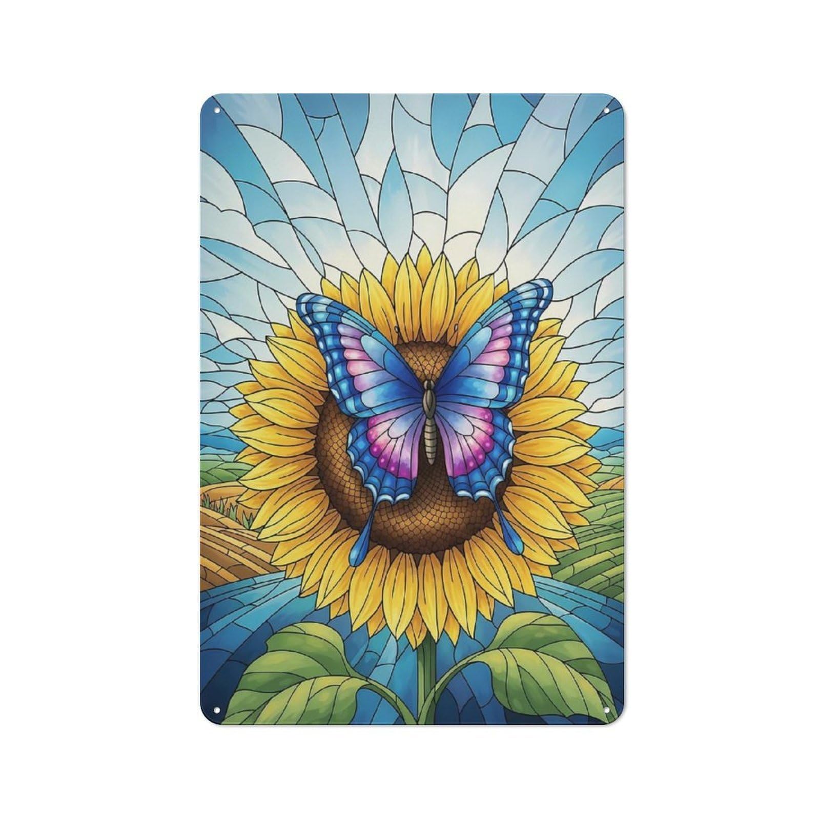 Cosy Butterfly on Sunflower Stained Glass Style Metal Plaque 30x20cm, Kitchen Wall Decor for Kitchen, Cafe, Pantry Or Dining Room