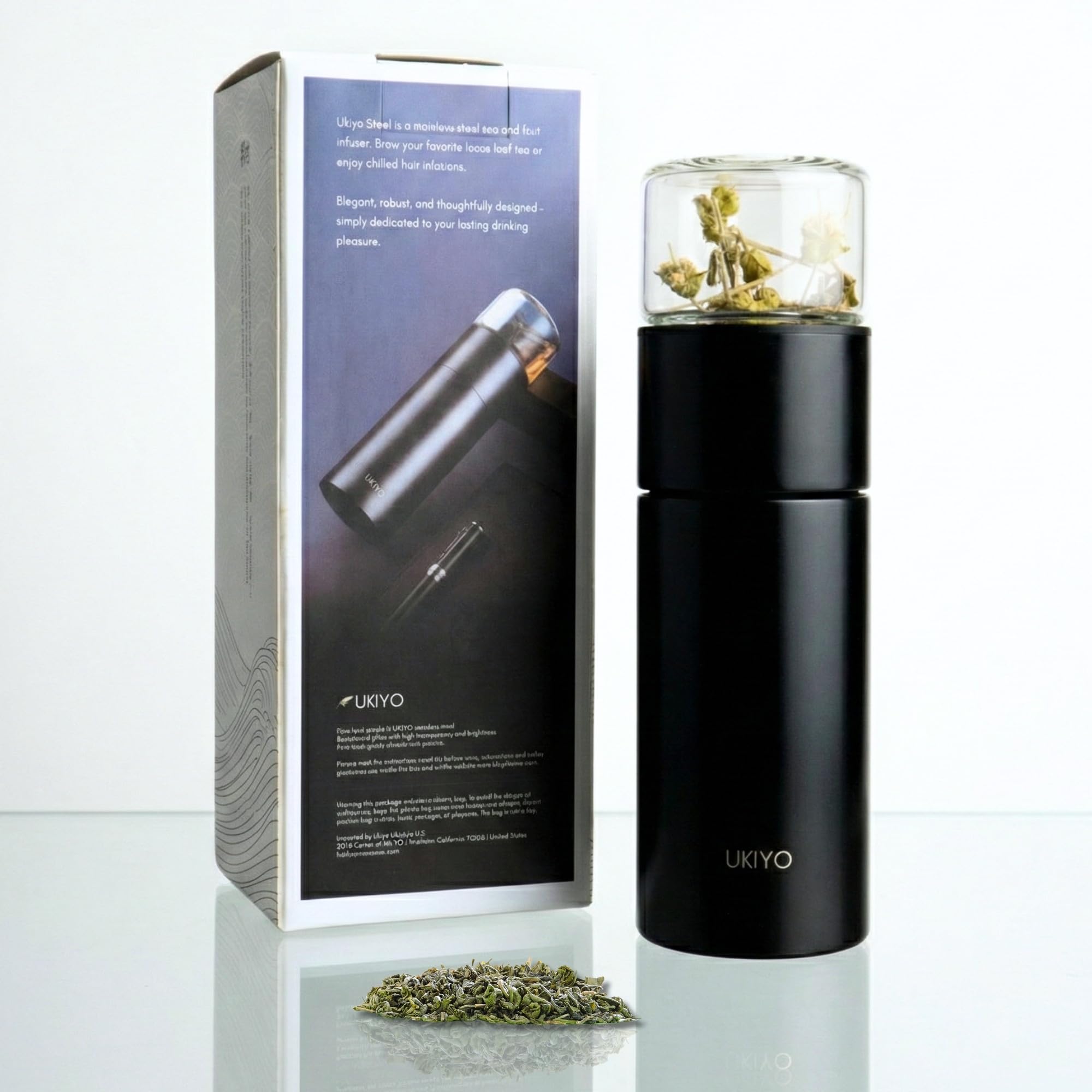 Ukiyo - Botella de acero inoxidable y vidrio con infusor de té y frutas, vaso de viaje con filtro de acero inoxidable