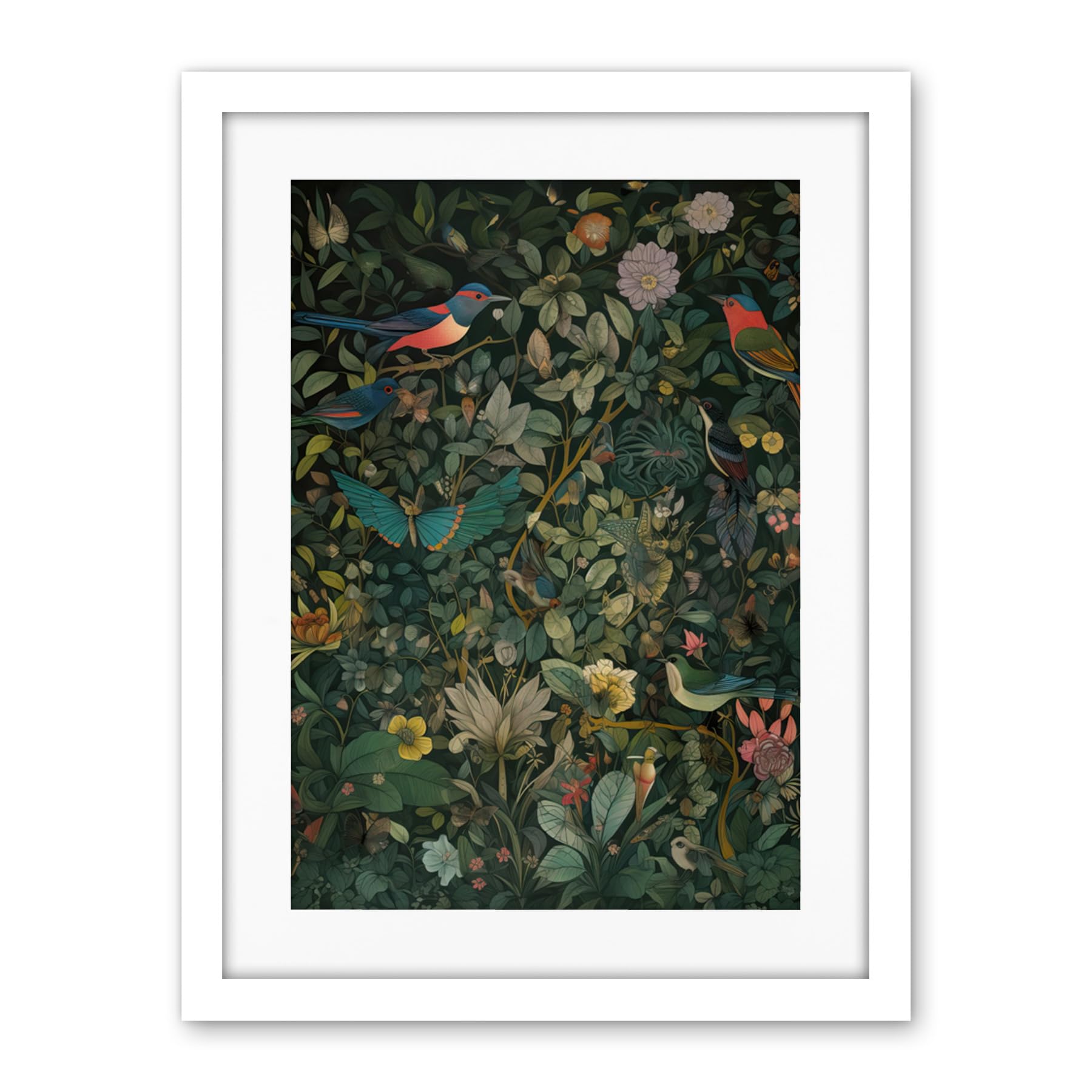 Artery8 Butterflies and Birds on Flowering Shrub Folk Art Artwork Framed Wall Art Print 18X24 Inch
