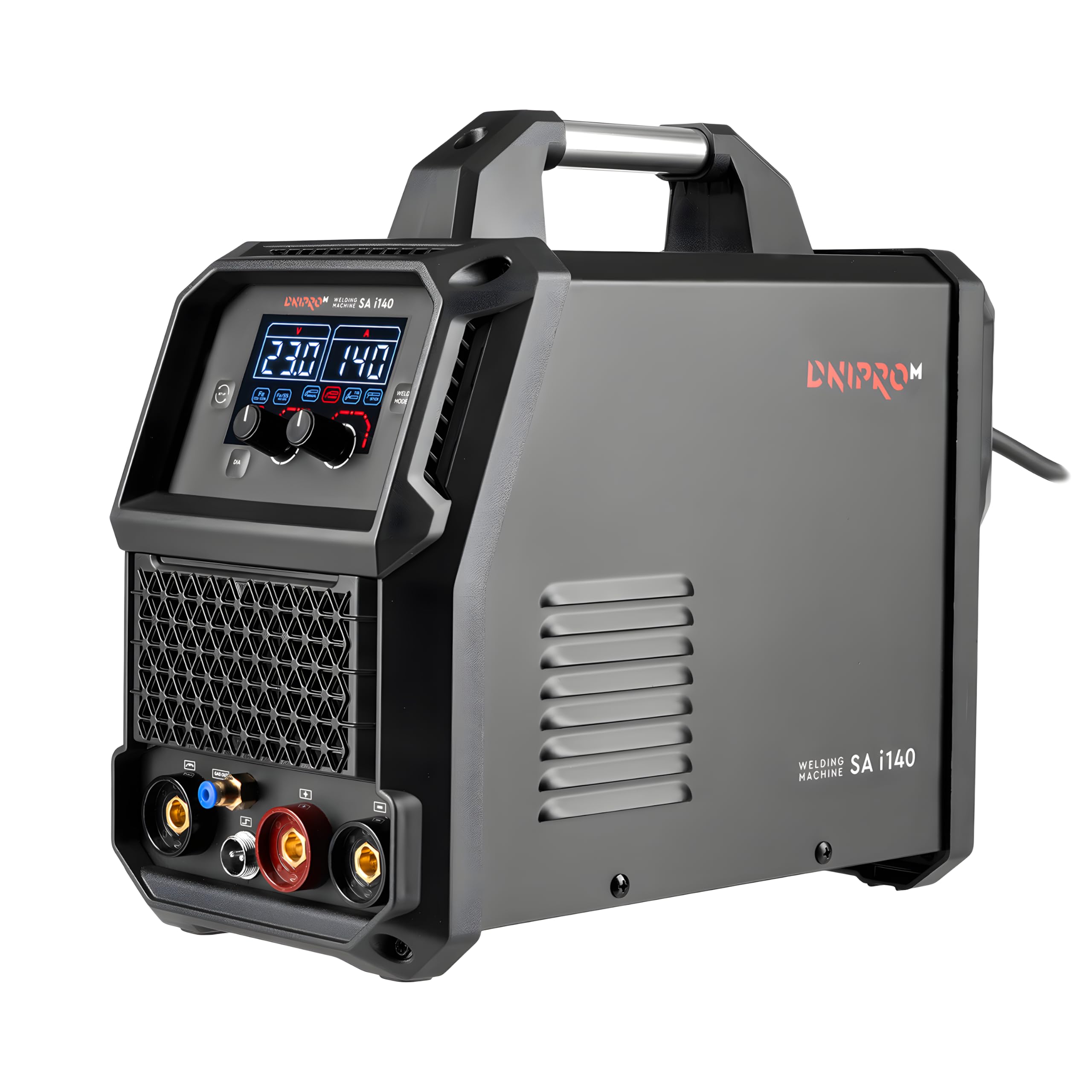 Soldador MIG MAG Inverter 140A SA i140 - Máquina de Soldar Hilo Continuo con Gas y Sin Gas (Flux), MMA y Lift TIG, Hilo 0,8-1,0 mm, Funciona desde 160V, Pantalla LED, Equipo Solo - Dnipro-M