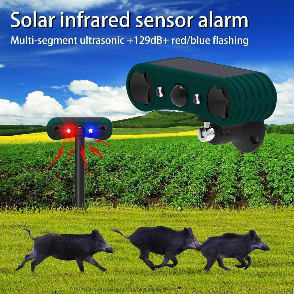 Alarma solar con sensor de movimiento para interiores y exteriores, 4 modos de sirena de 129 db, con advertencia intermitente roja y azul. Ideal para hogares, villas y granjas (2 unidades)