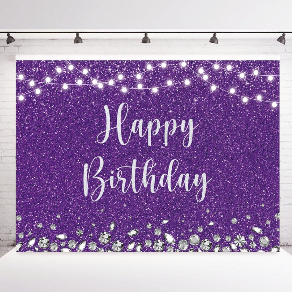 INRUI Purple Happy Birthday Photography Backdrop Silver Glitter Spots Girls Boys Adult Party Decorations Banner (7x5FT)
