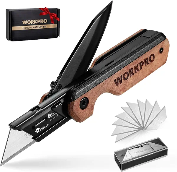WORKPRO 2-in-1 Folding Knife/Utility Knife - Gifts for Dad, Quick-Change Box Cutter with Belt Clip and Liner Lock, Extra 10 SK5 Blades Included Wood