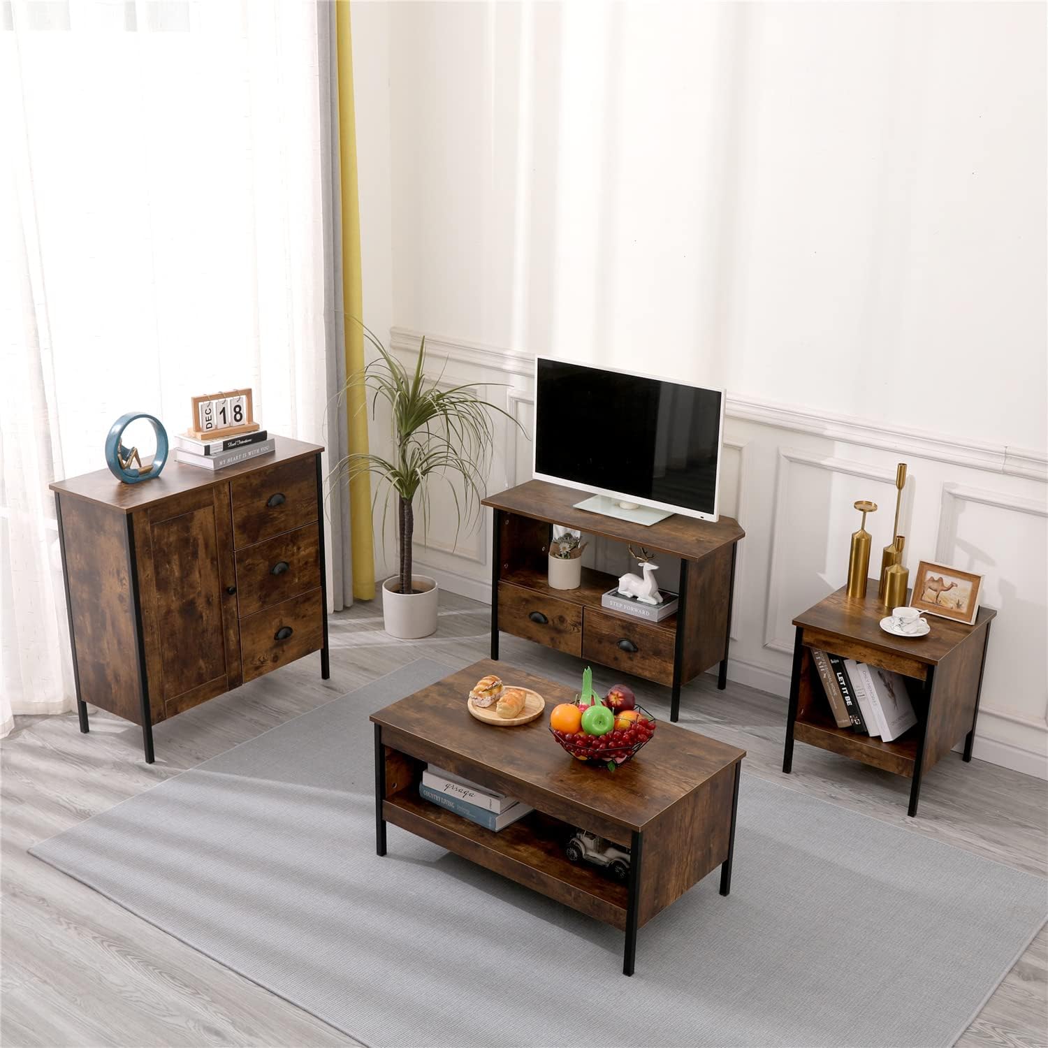 FurnitureHMD Rustic Brown Living Room Furniture Side Table 2 Drawers TV