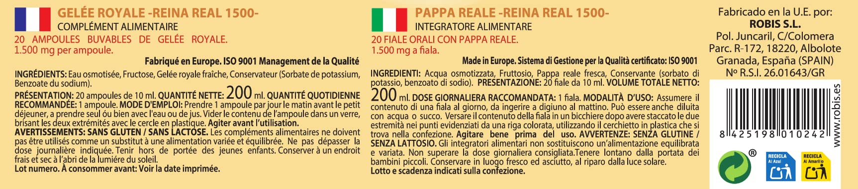 Robis Reina Real 1500 | Gelatina reale fresca | Stimolante dell'energia - rafforza il sistema nervoso - Aiuta a eliminare l'esaurimento mentale | 20 fiale di 10 ml