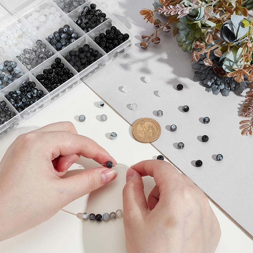 PH PandaHall 600pcs 6mm Black White Glass Beads 15 Styles Round Bracelet Beads Small Crackle Crystal Glass Bead Bulk Small Frosted Loose Jewelry Bead for Necklaces Bracelets Jewelry Making - Image 3